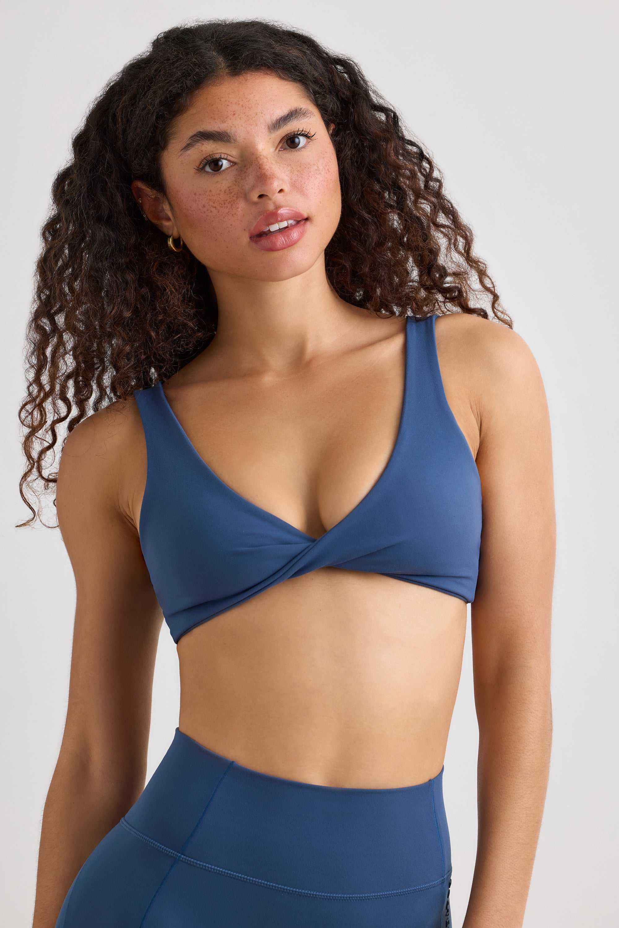 Soft Active V-Neck Sports Bra in Washed Navy