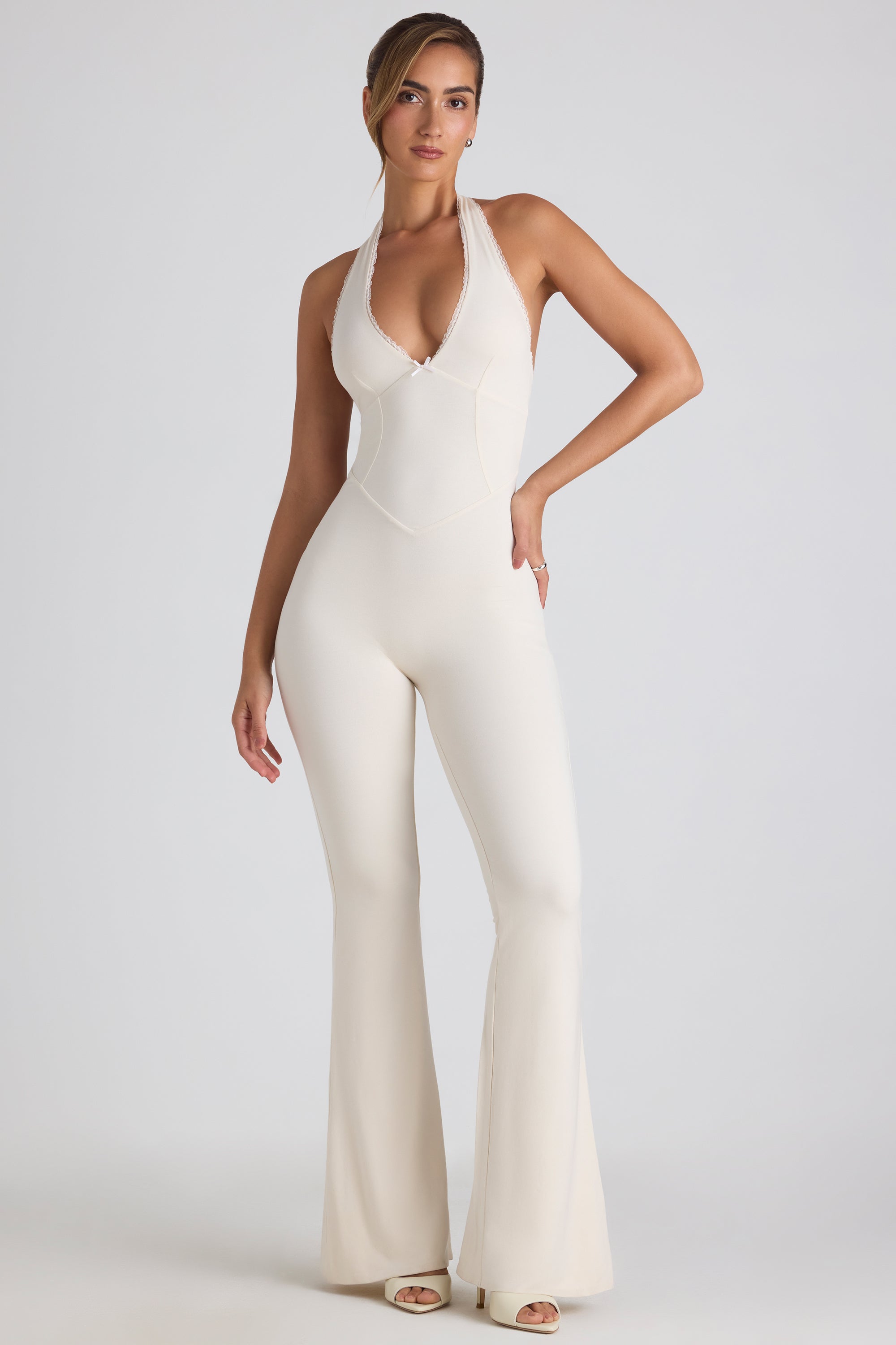 Modal Lace-Trim Cut-Out Flared Jumpsuit in Ivory