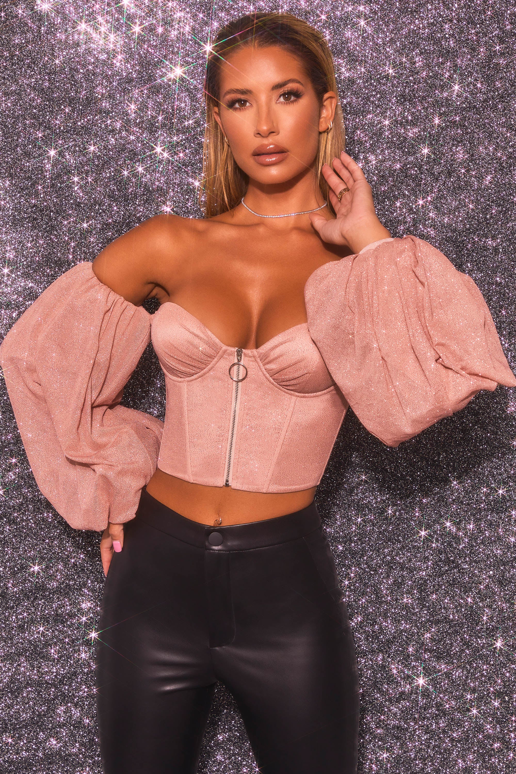 Keep On Shining Bardot Puff Sleeve Crop Top in Rose Gold