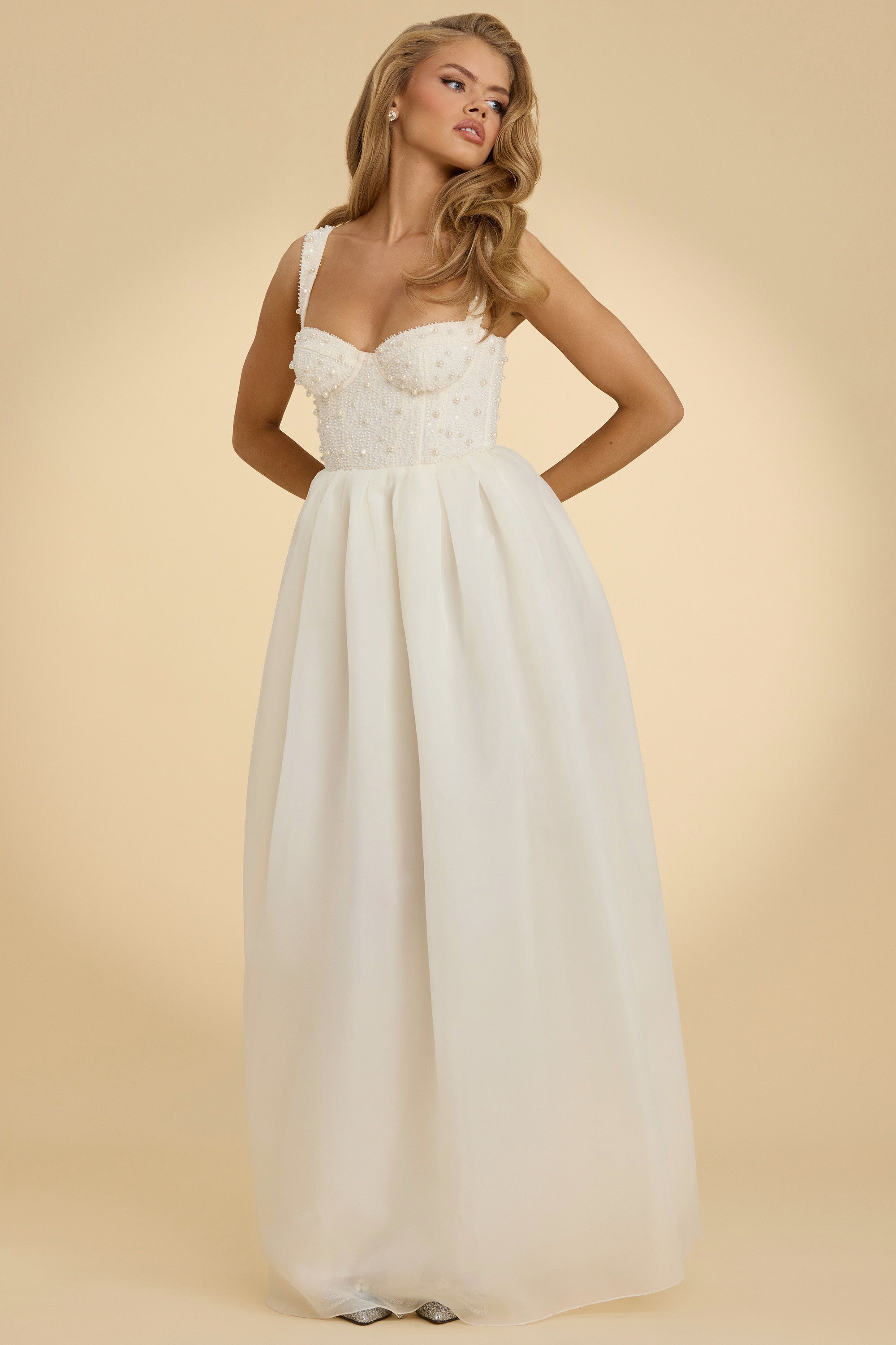 Corset Organza Maxi Dress in White