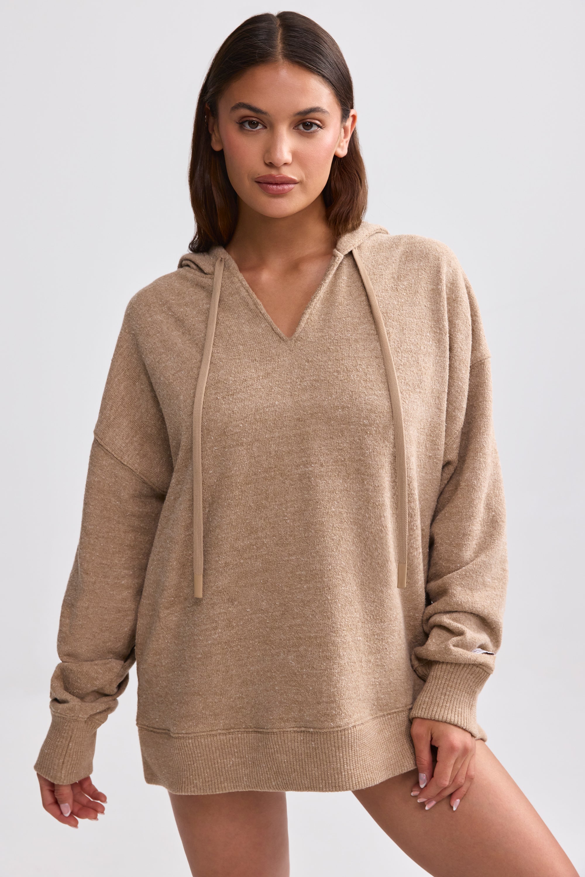 Terry Towelling V-Neck Hoodie in Mocha Brown