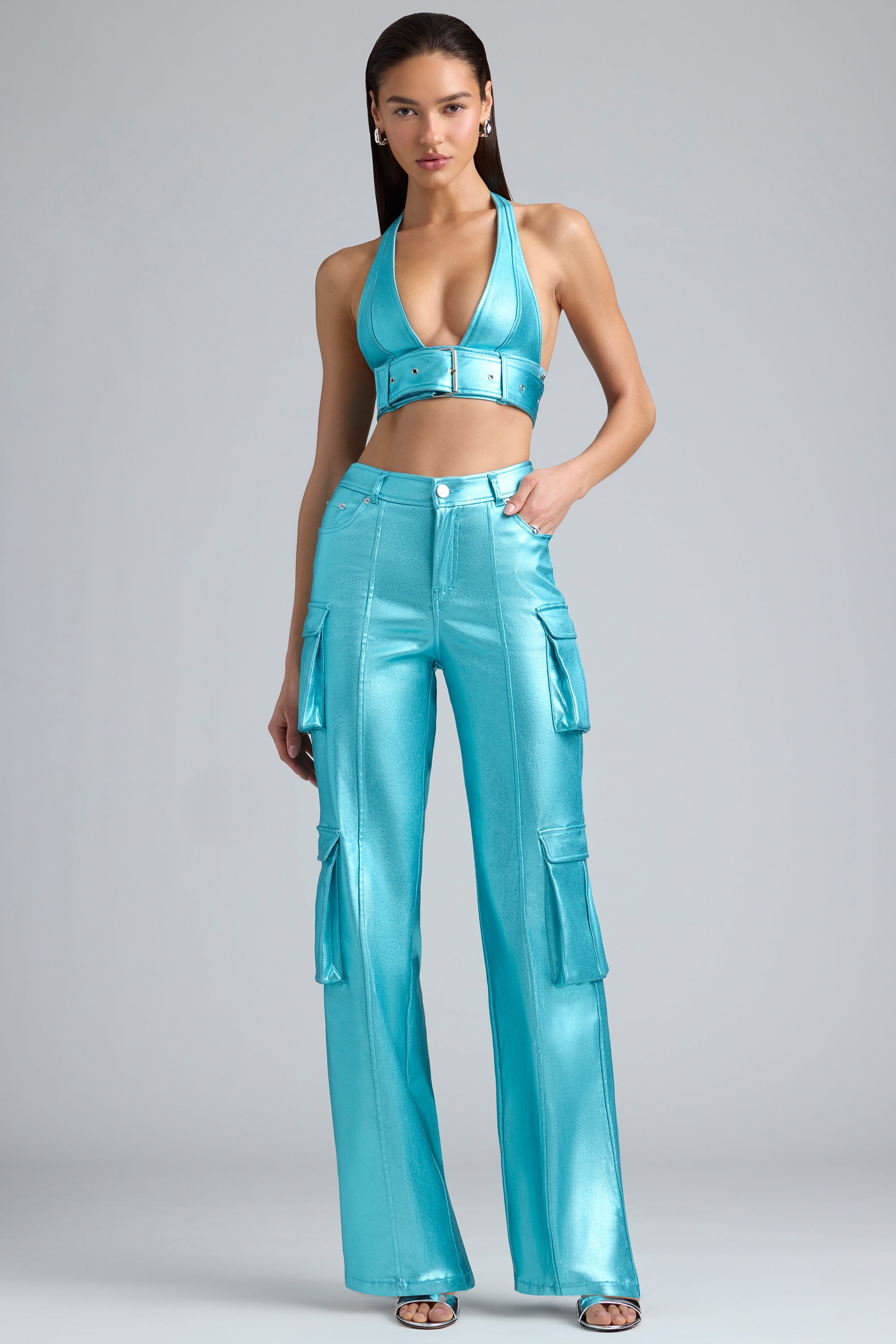 Metallic Denim Cargo Trousers in Aqua