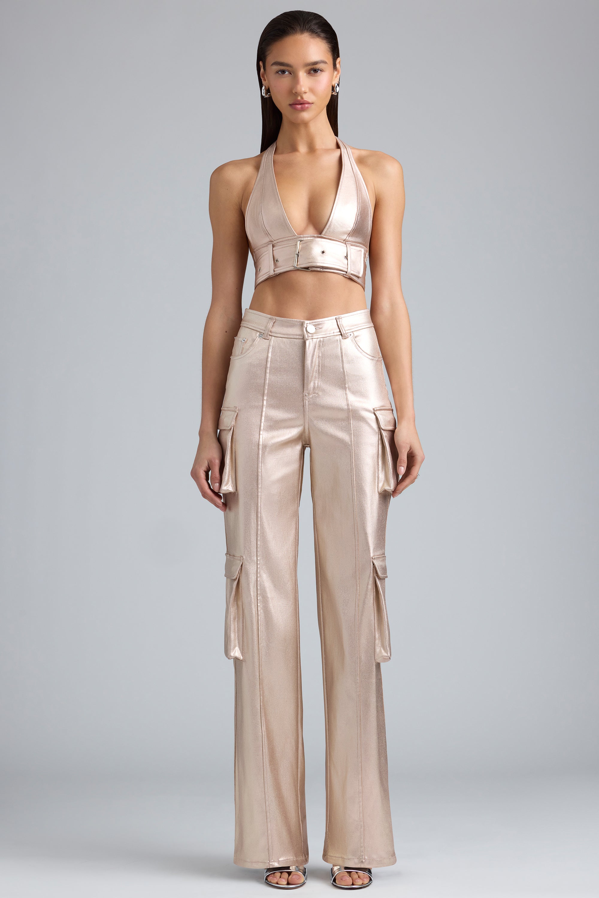 Metallic Denim Cargo Trousers in Champagne