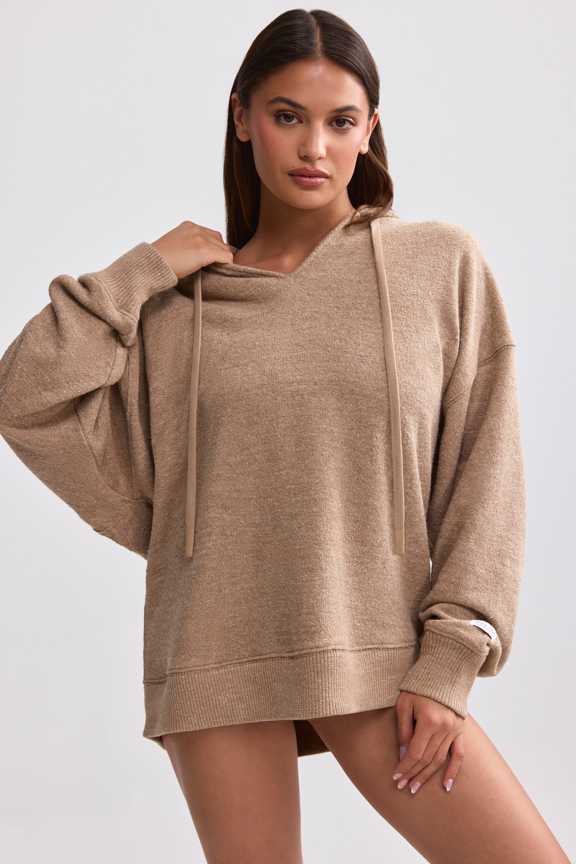 Terry Towelling V-Neck Hoodie in Mocha Brown