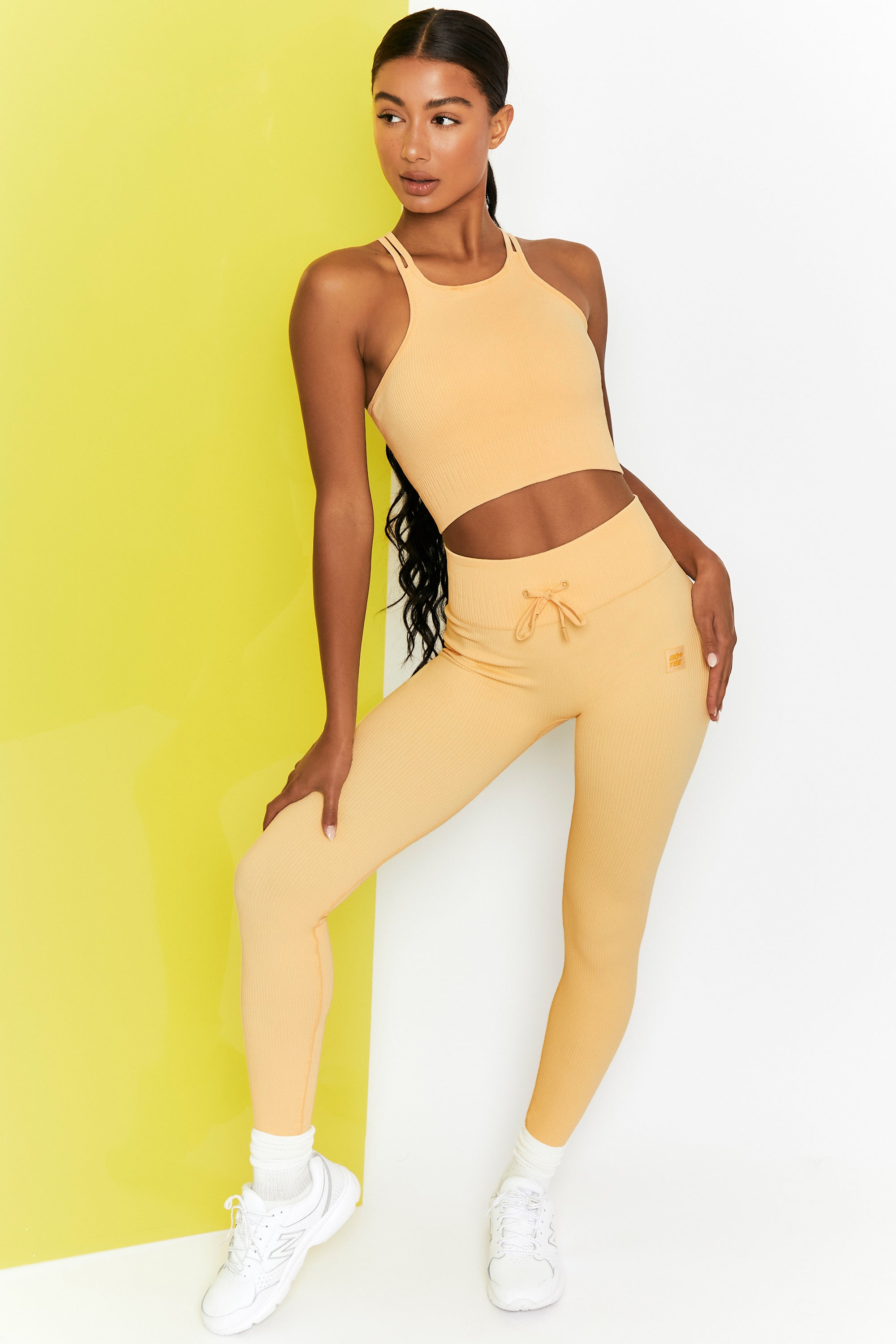 Energise Ribbed Tie Front Full Length Leggings in Yellow