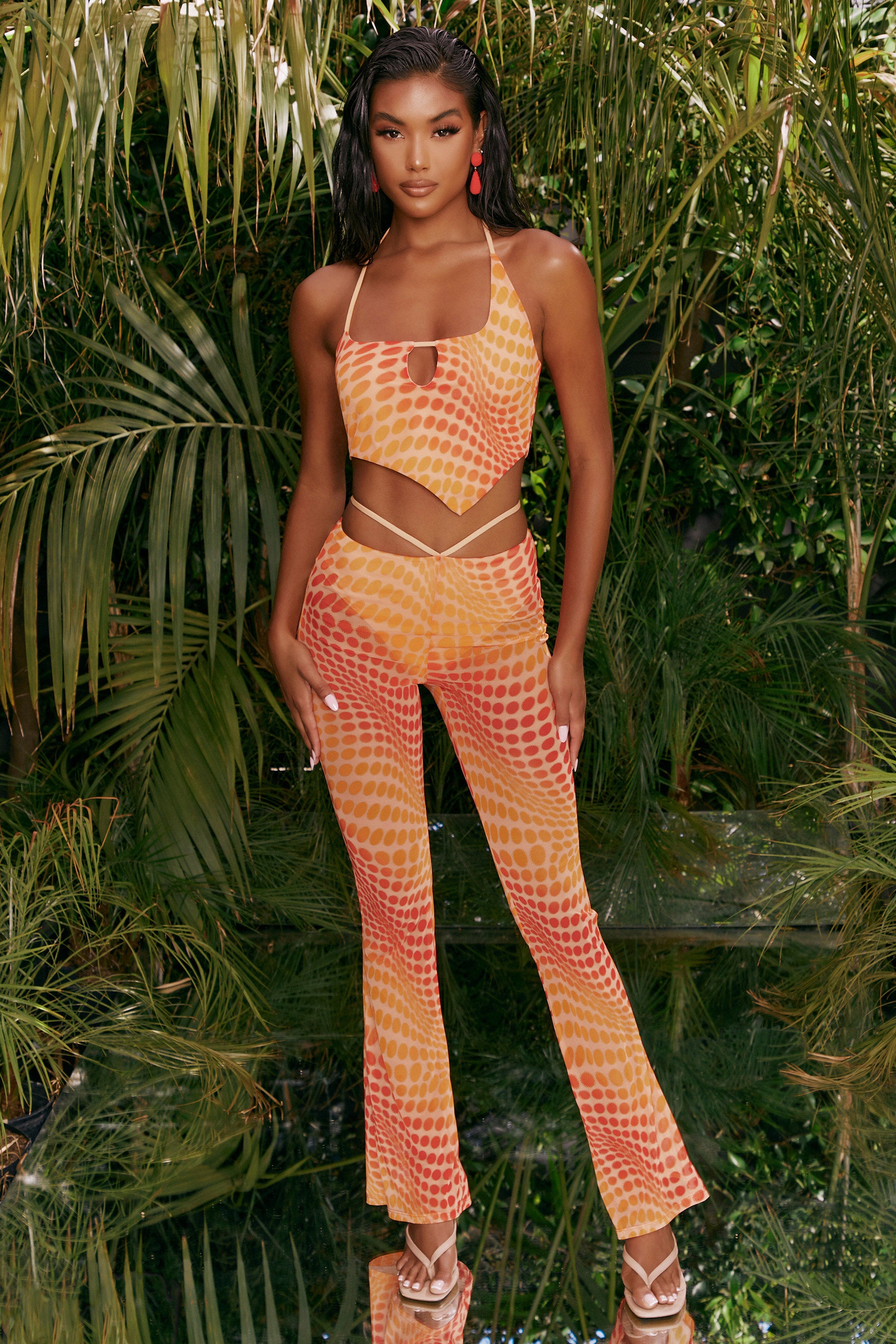 Tall Printed Mesh Flared Trousers in Orange