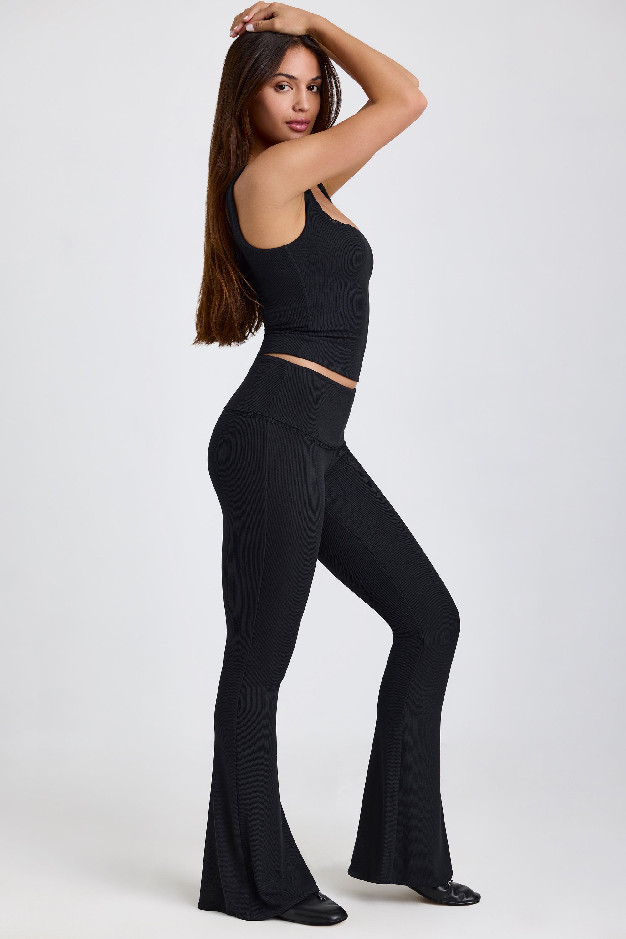 Tall Ribbed Modal Mid-Rise Foldover Flared Trousers in Black