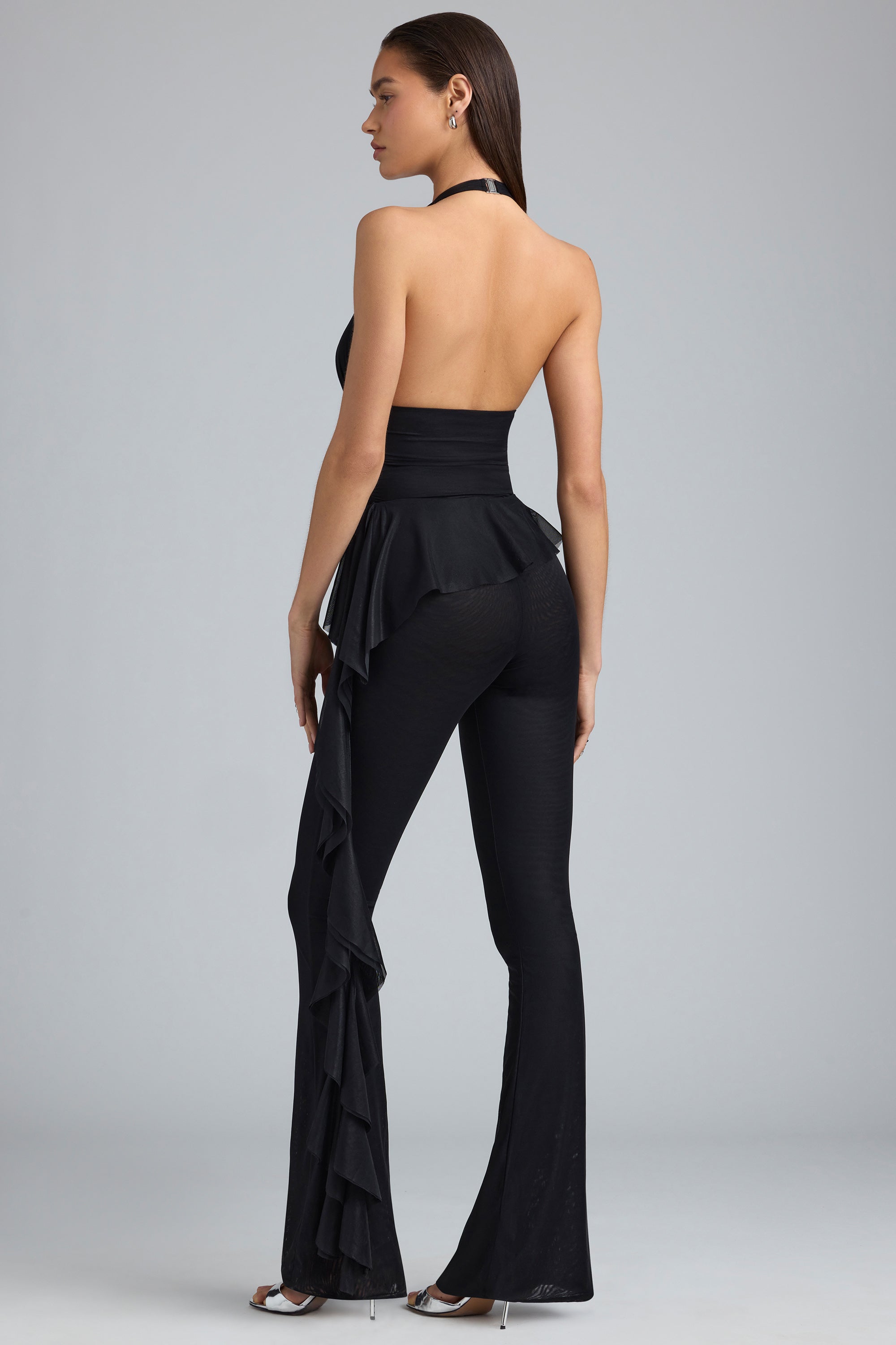 Tall Metallic Ruffle Low-Rise Flared Trousers in Black