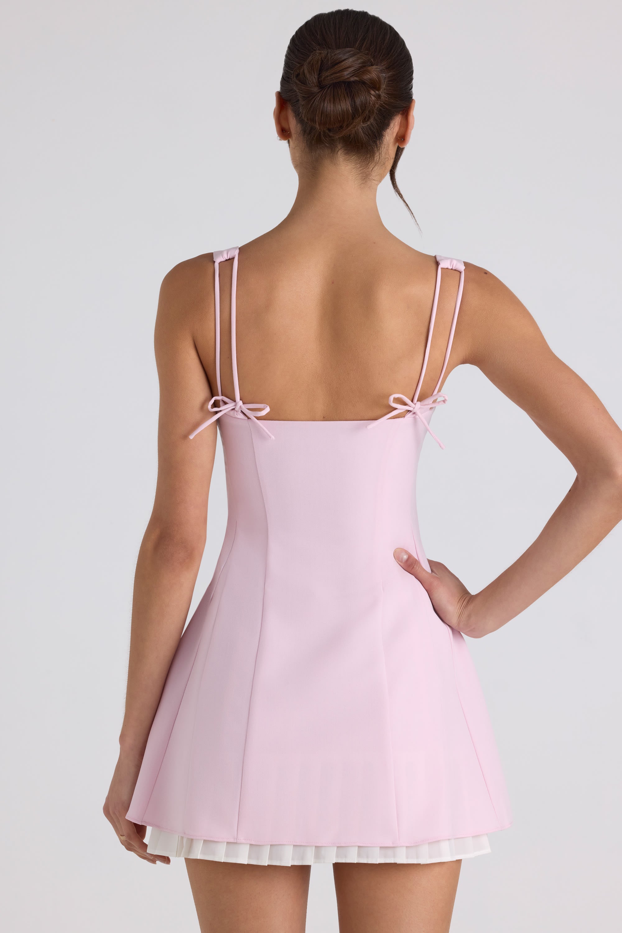 Bow-Detail Pleated A-Line Mini Dress in Soft Pink