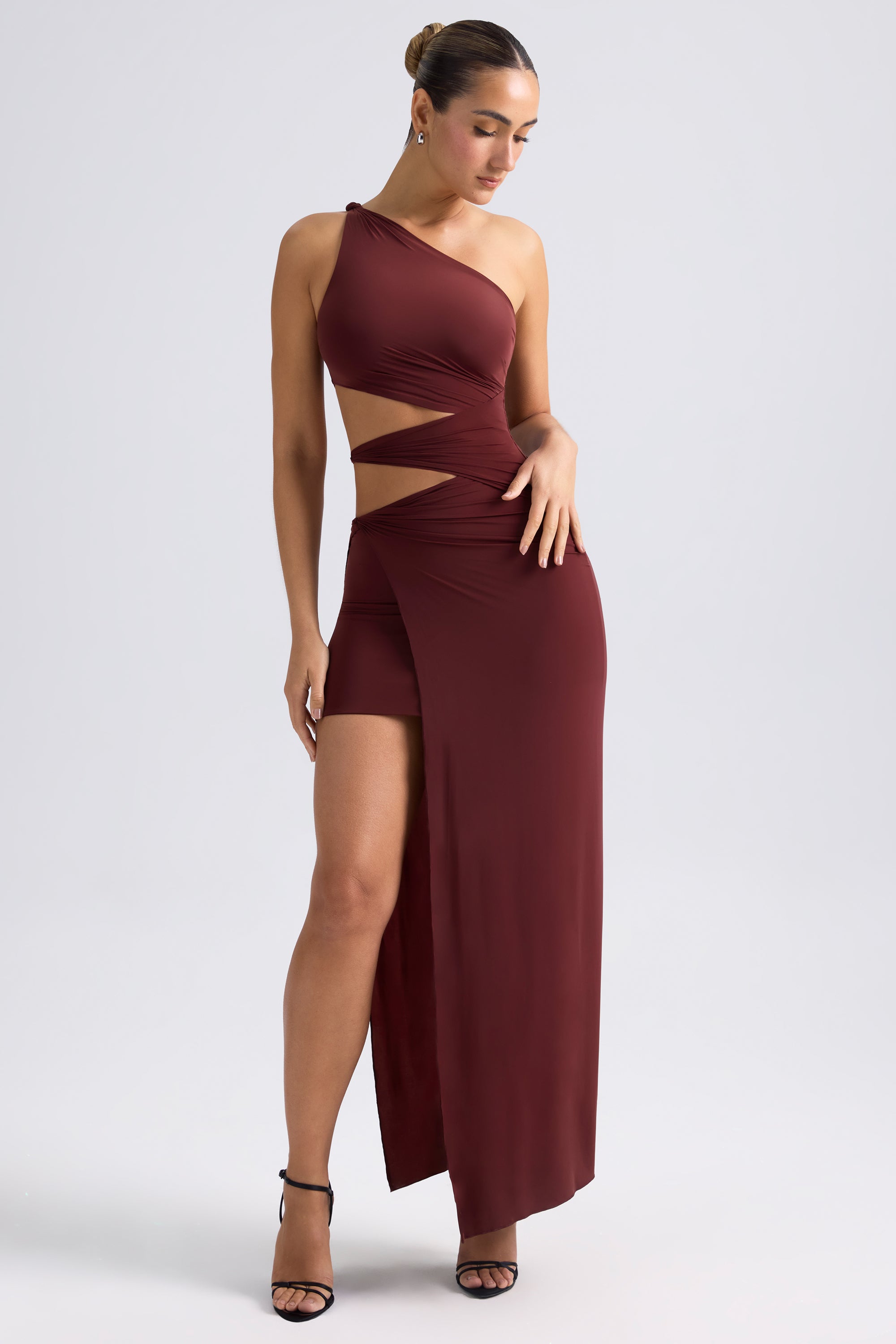 One-Shoulder Draped Cut-Out Maxi Dress in Chestnut Brown