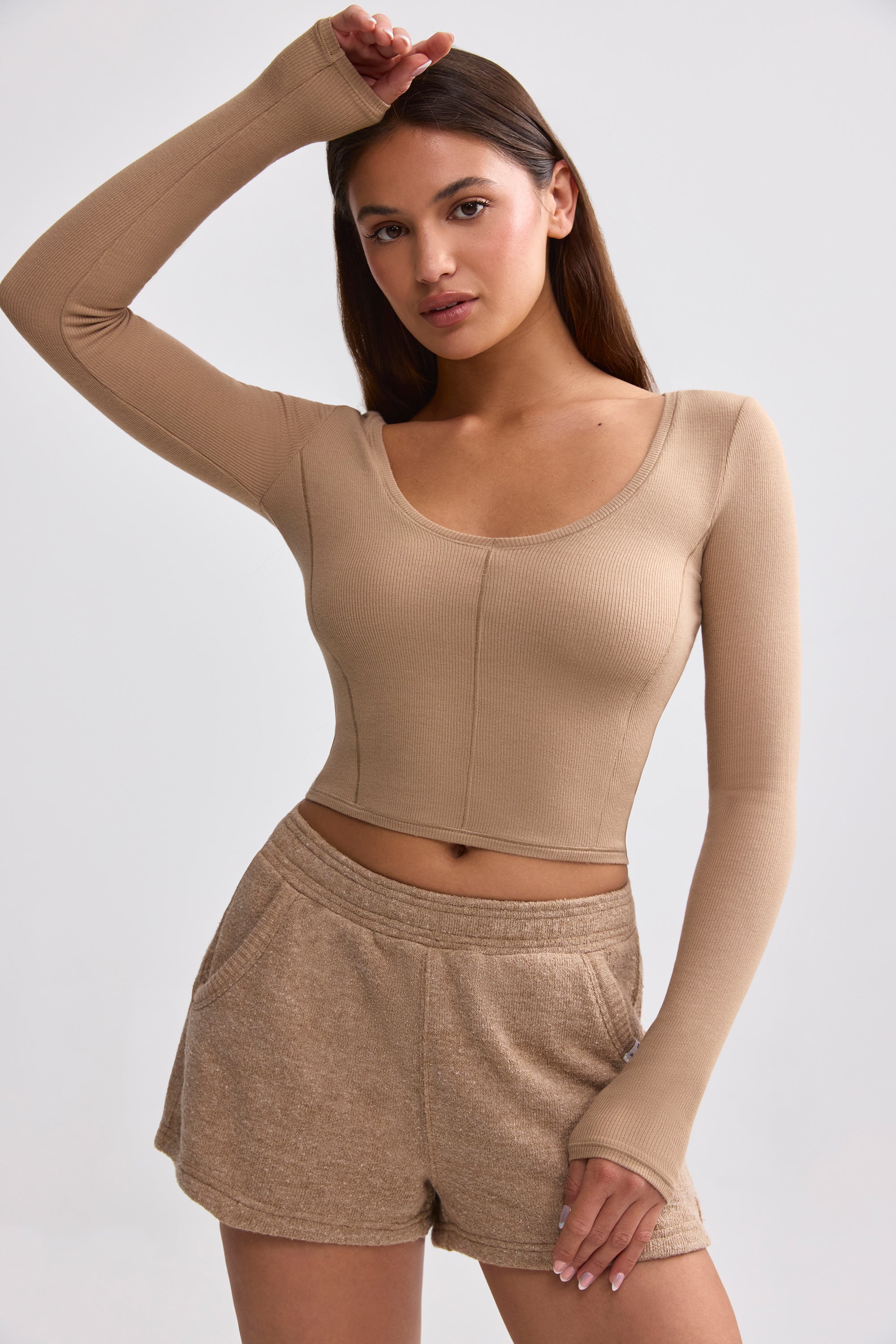 Ribbed Modal V-Neck Crop Top in Mocha Brown