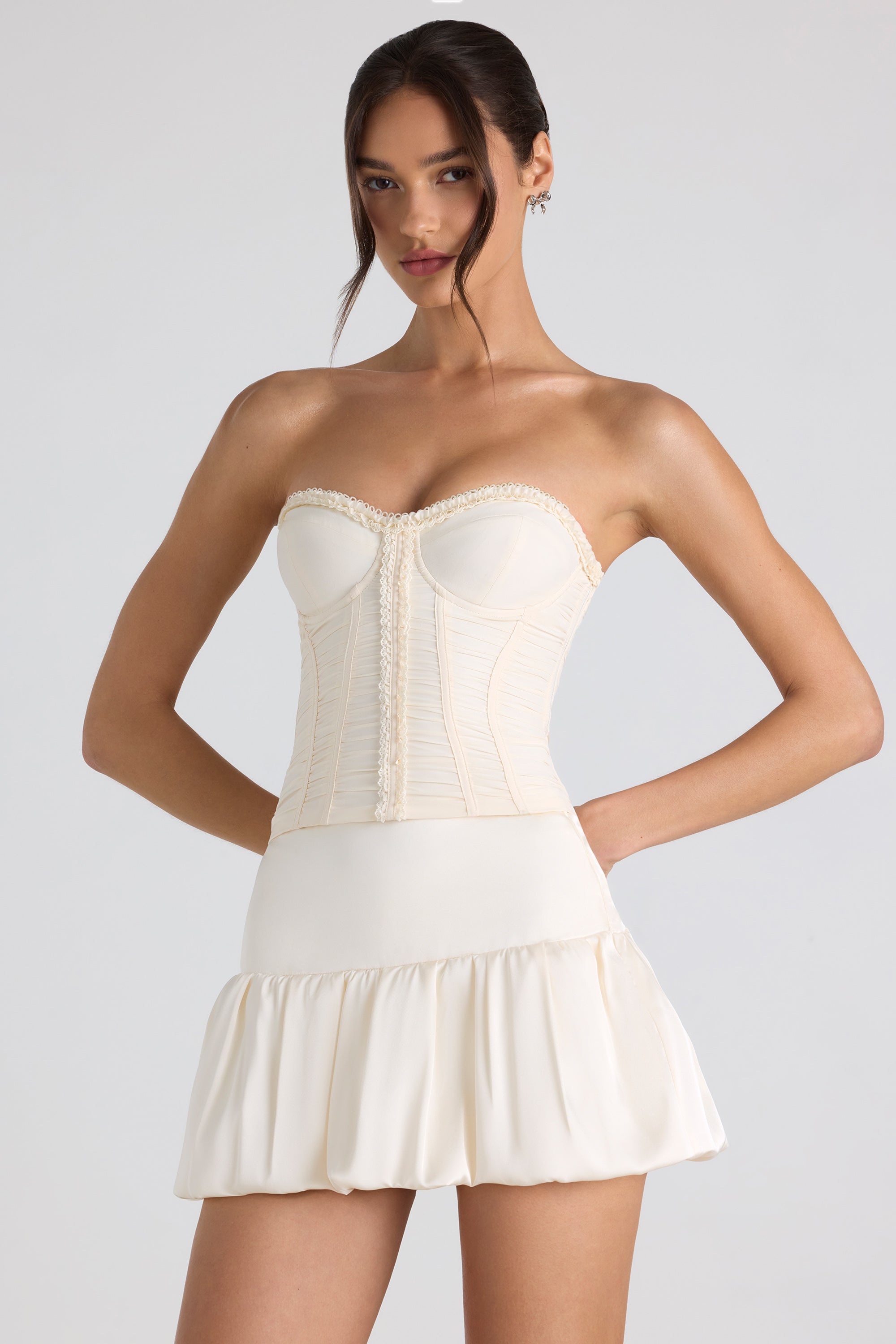 Ruched Lace-Up Strapless Corset Top in Ivory