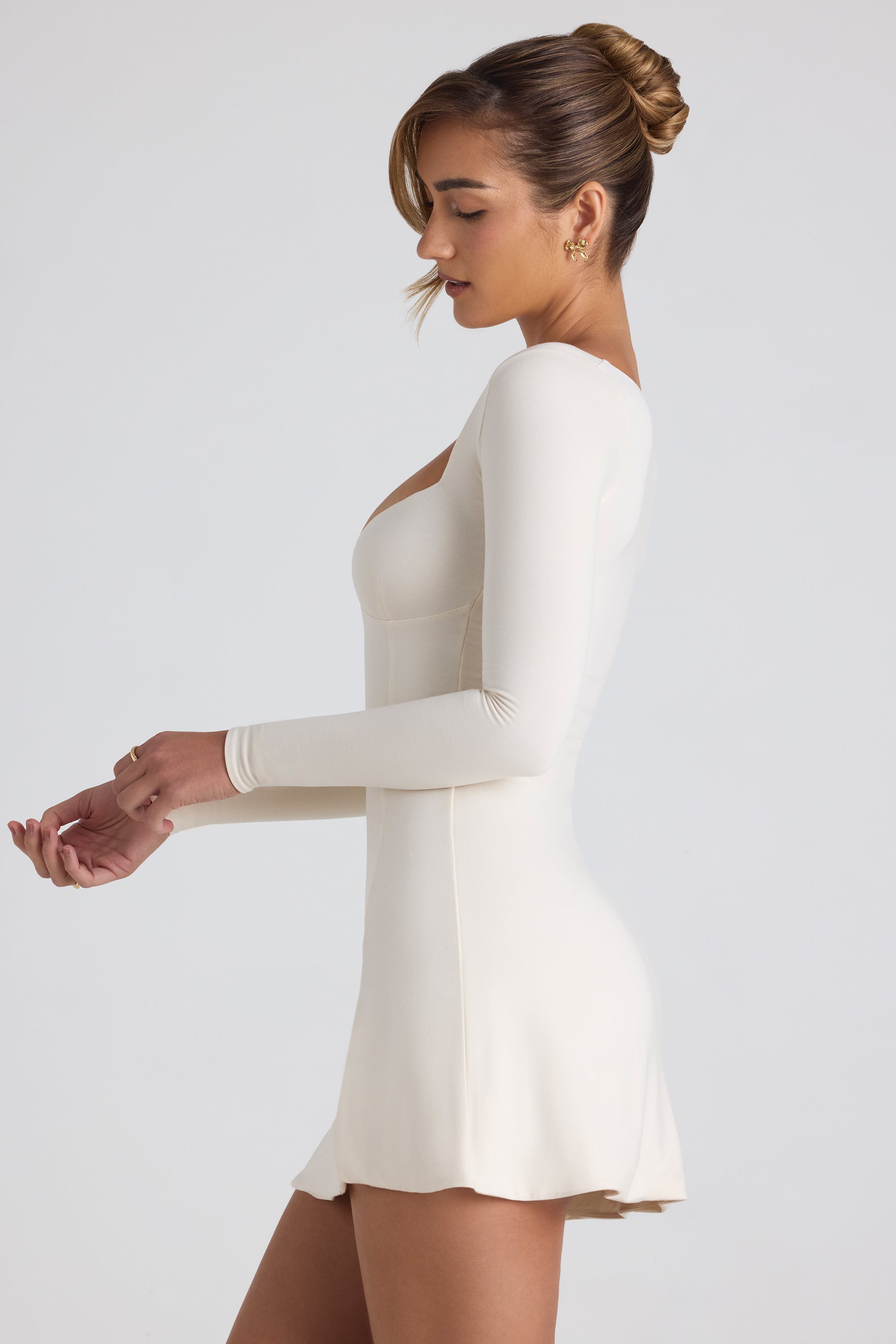 Modal Bow-Detail Sweetheart-Neck A-Line Mini Dress in Ivory