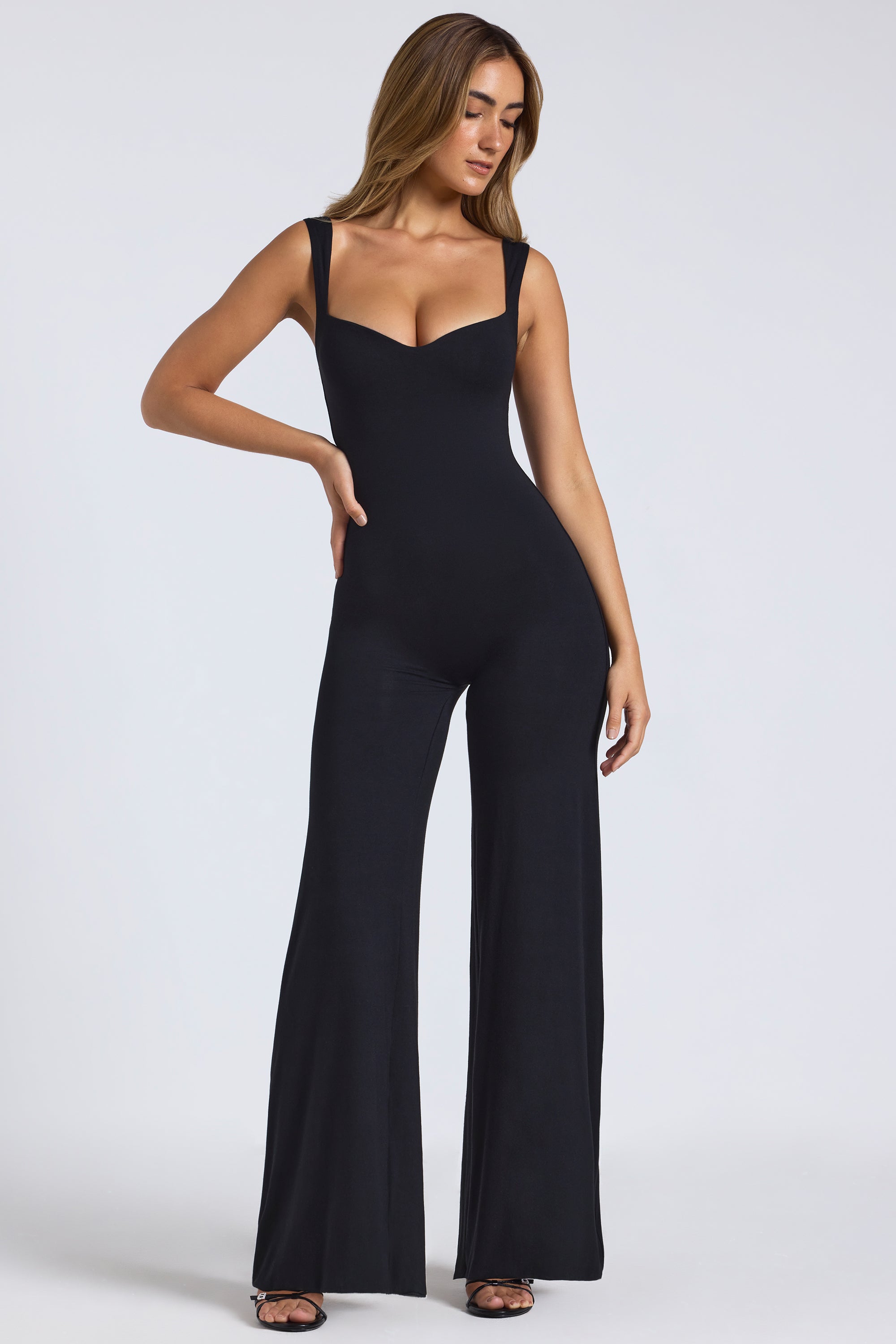 Petite Modal Sweetheart Neckline Wide Leg Jumpsuit in Black