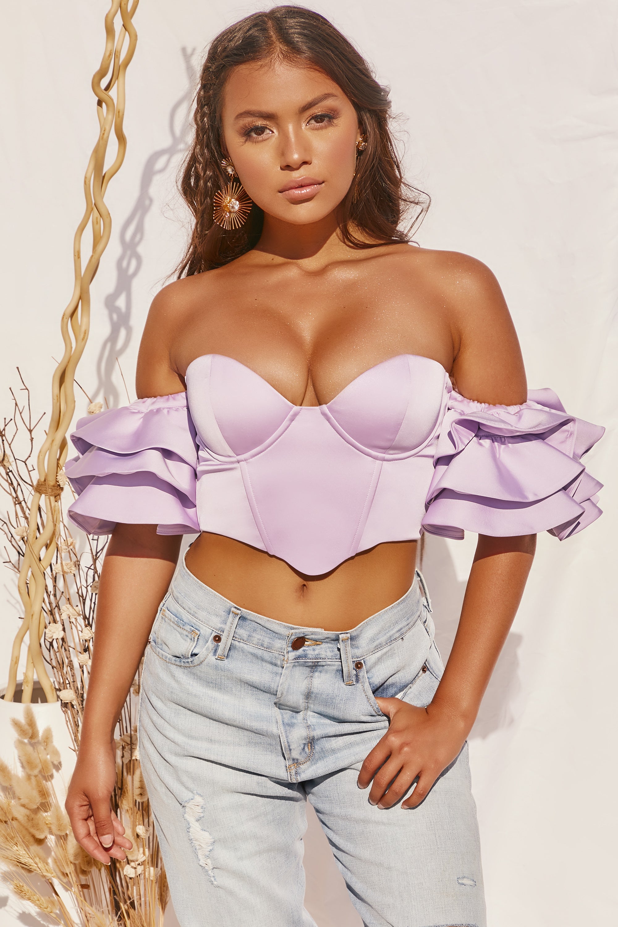 Sweet Bliss Bardot Ruffle Sleeve Crop Top in Lilac