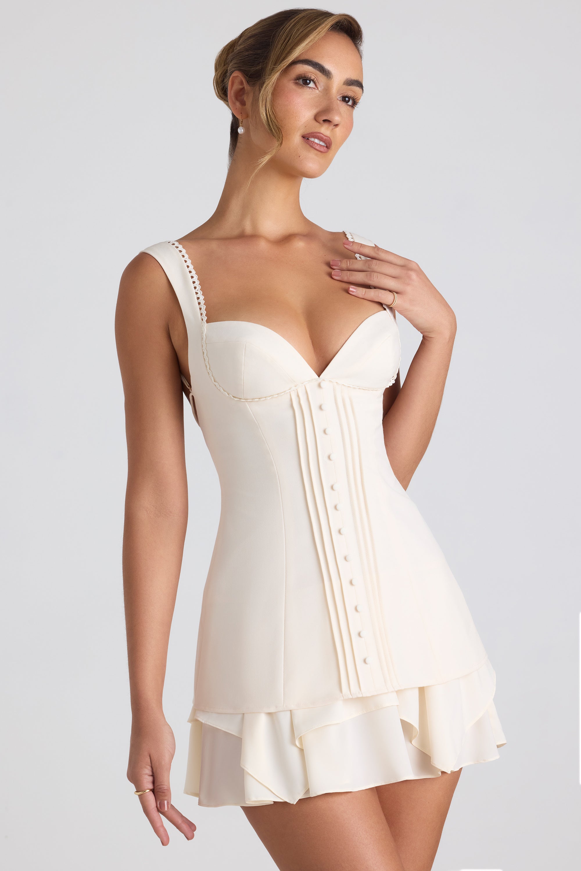 Ruffle-Trim Button-Detail Corset Mini Dress in Ivory