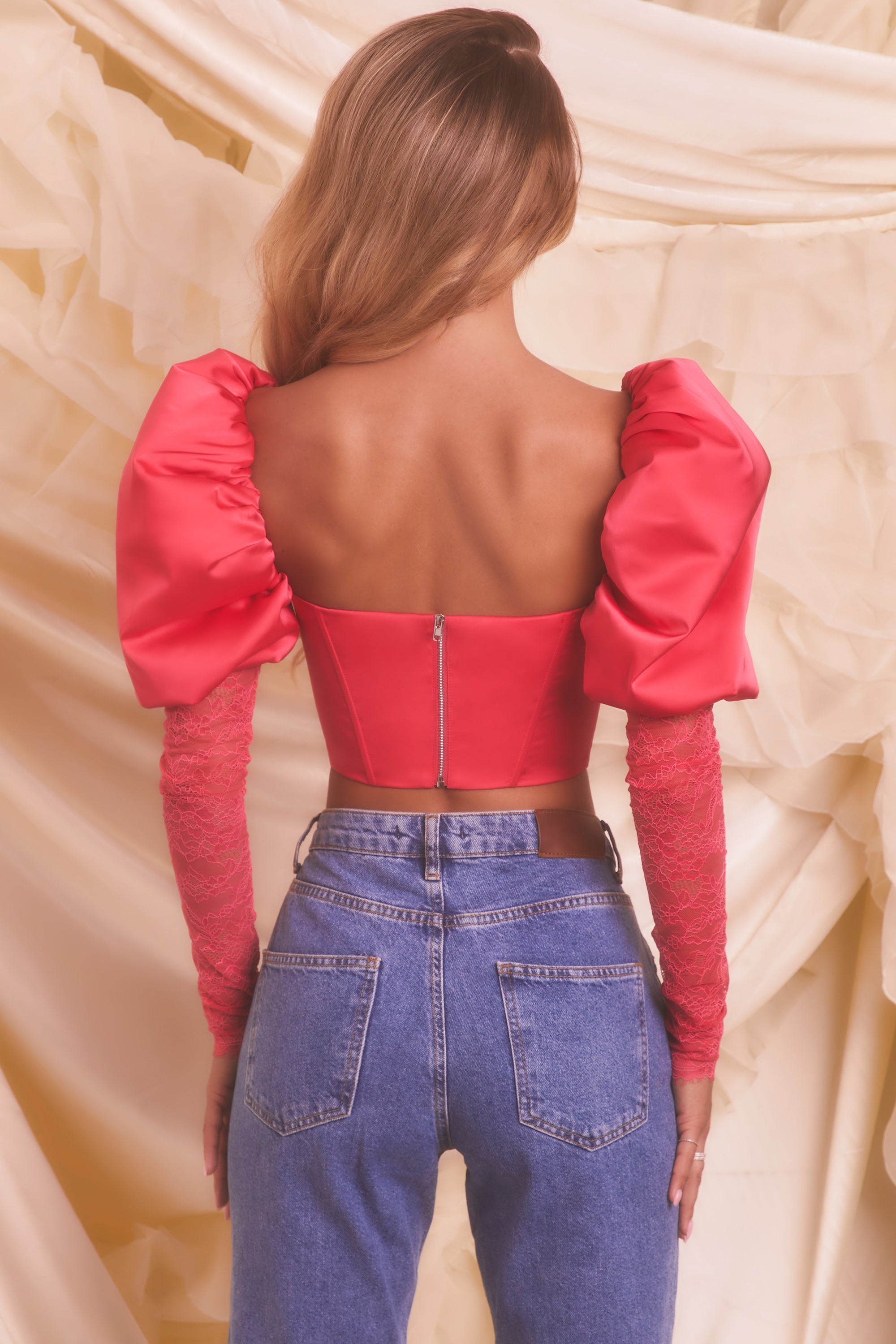 Puff Sleeve Satin Lace Crop Top in Hot Pink