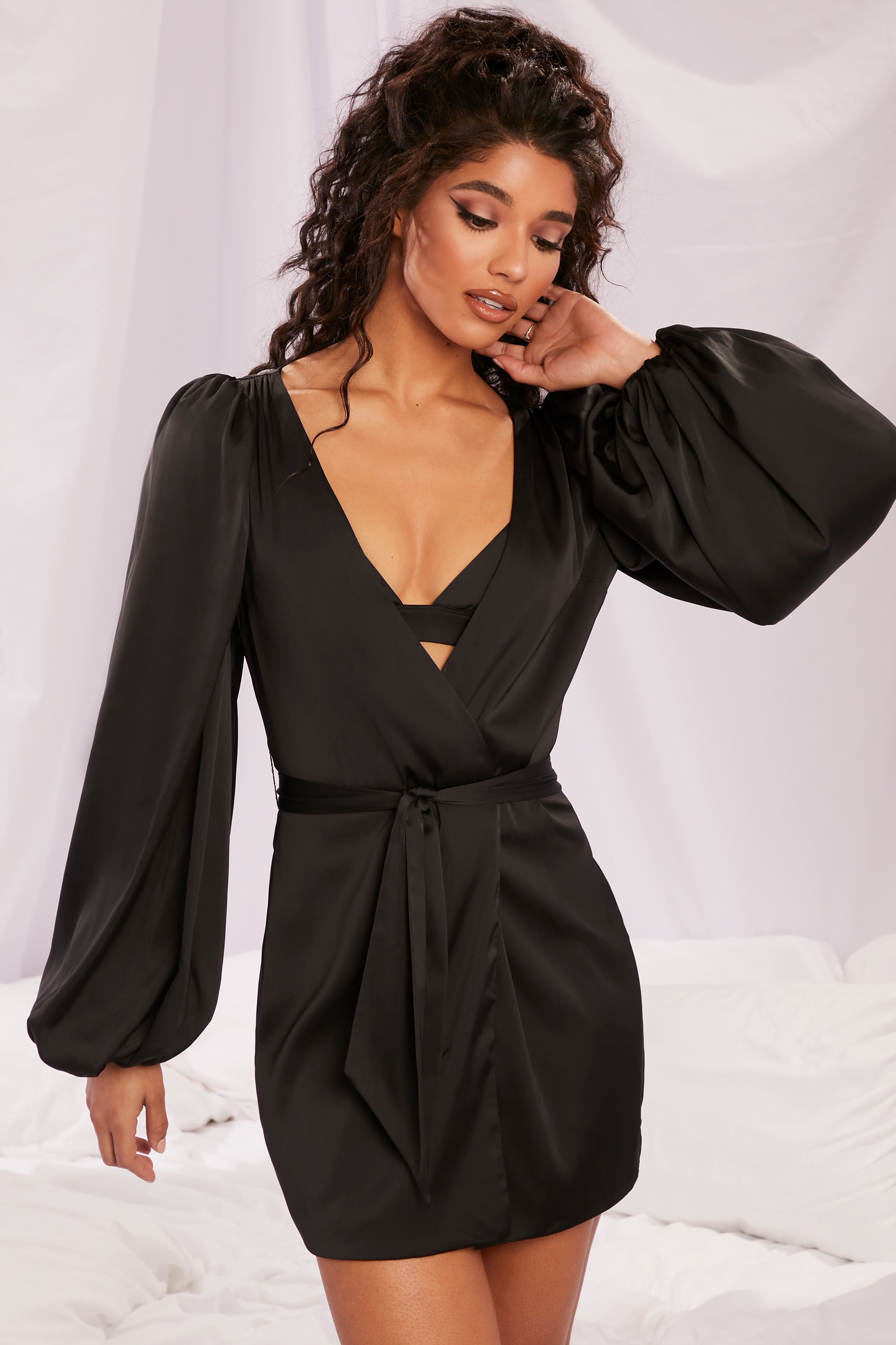 Satin Balloon Sleeve Robe in Black