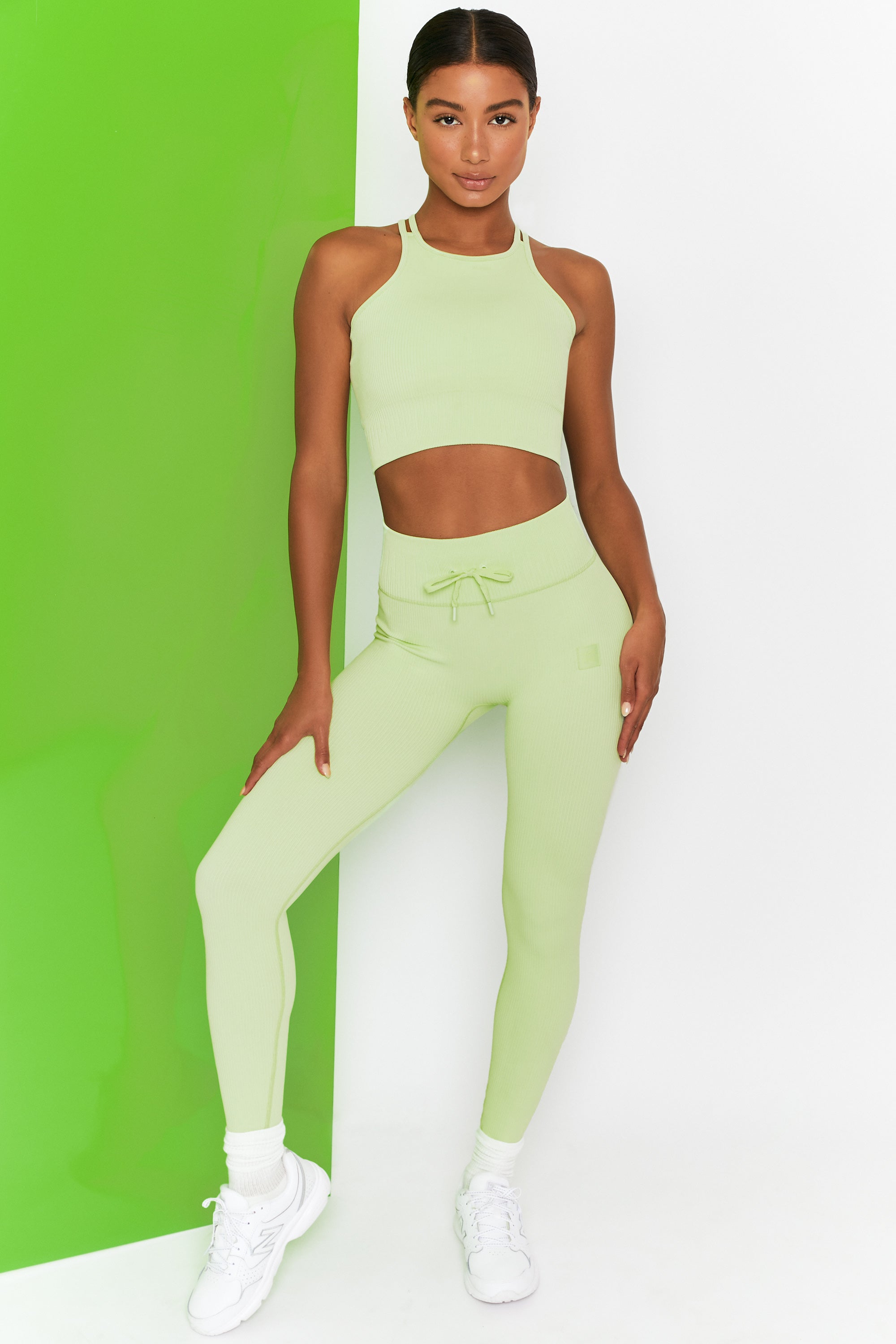 Energise Ribbed Tie Front Full Length Leggings in Lime