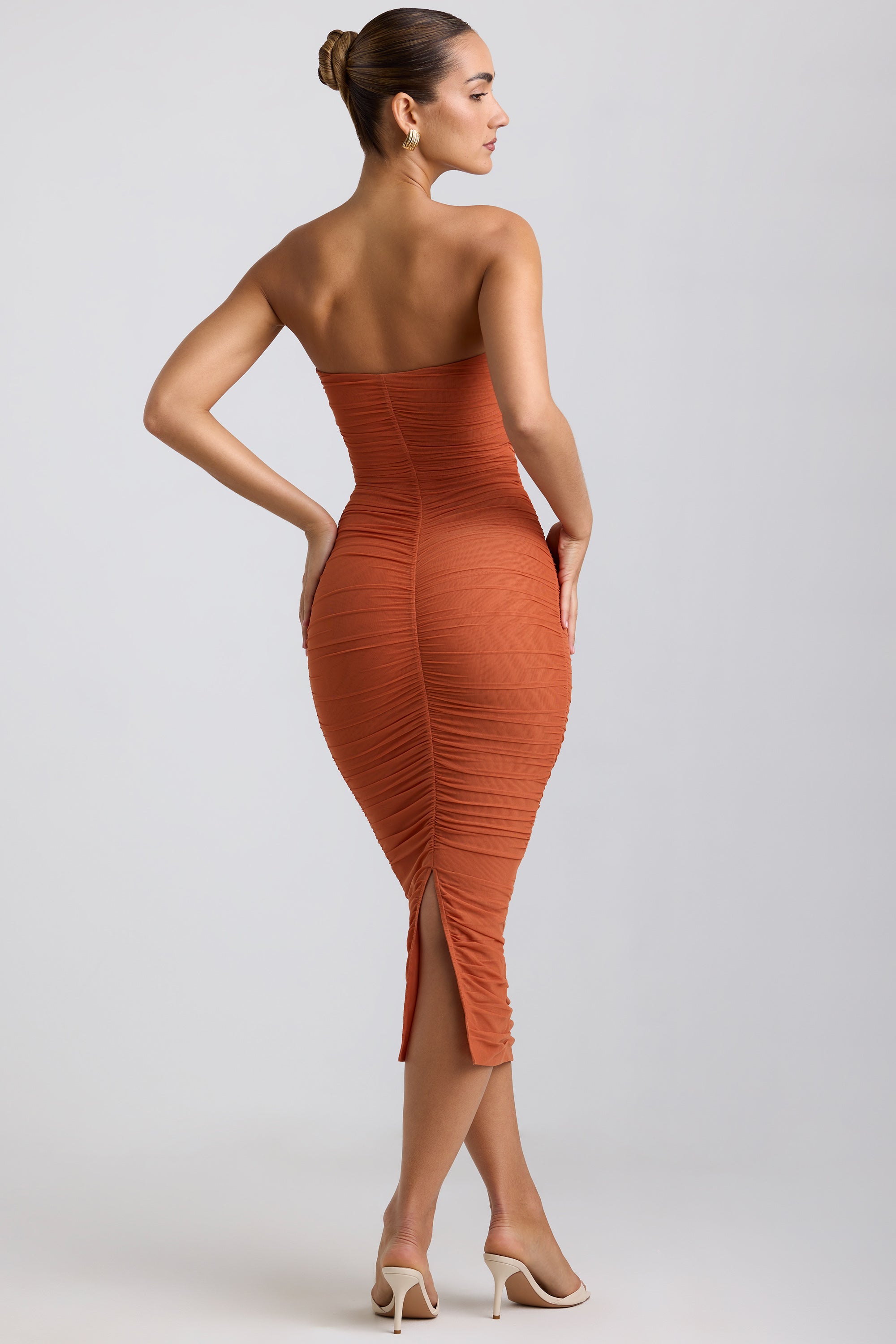 Ruched Hardware Detail Strapless Midaxi Dress in Burnt Orange