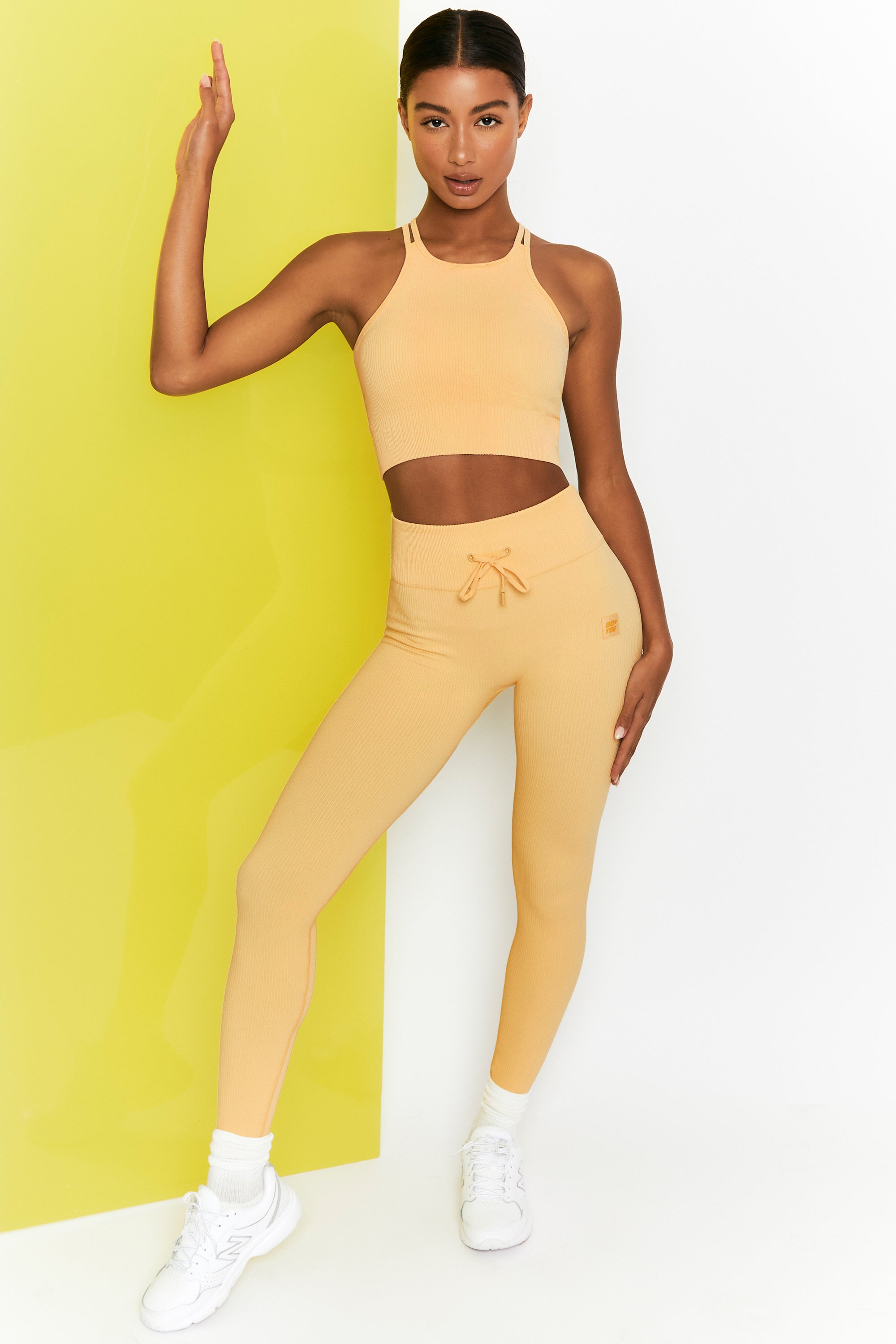 Energise Petite Ribbed Tie Front Full Length Leggings in Yellow