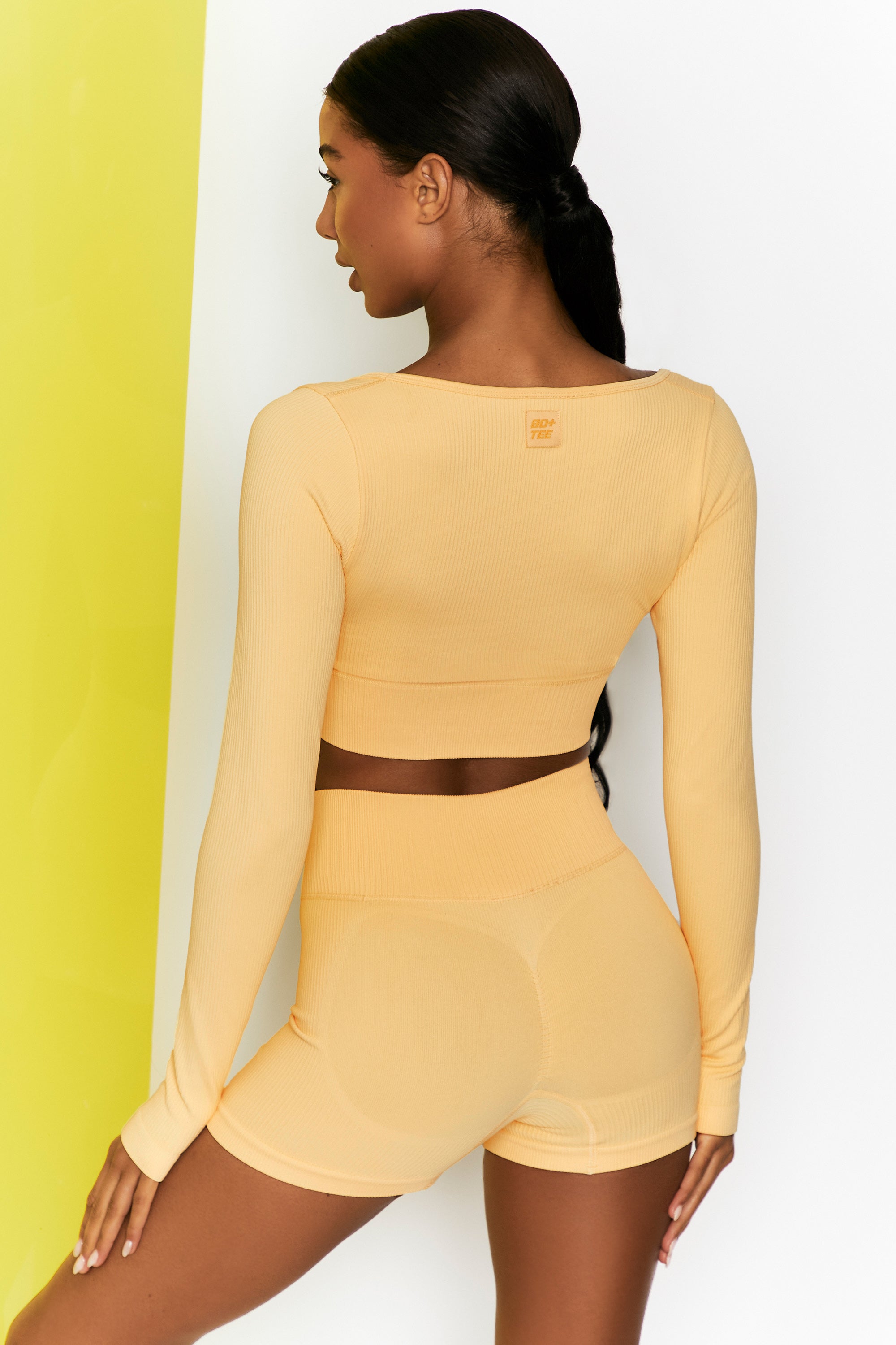 Time Check Ribbed Long Sleeve Crop Top in Yellow