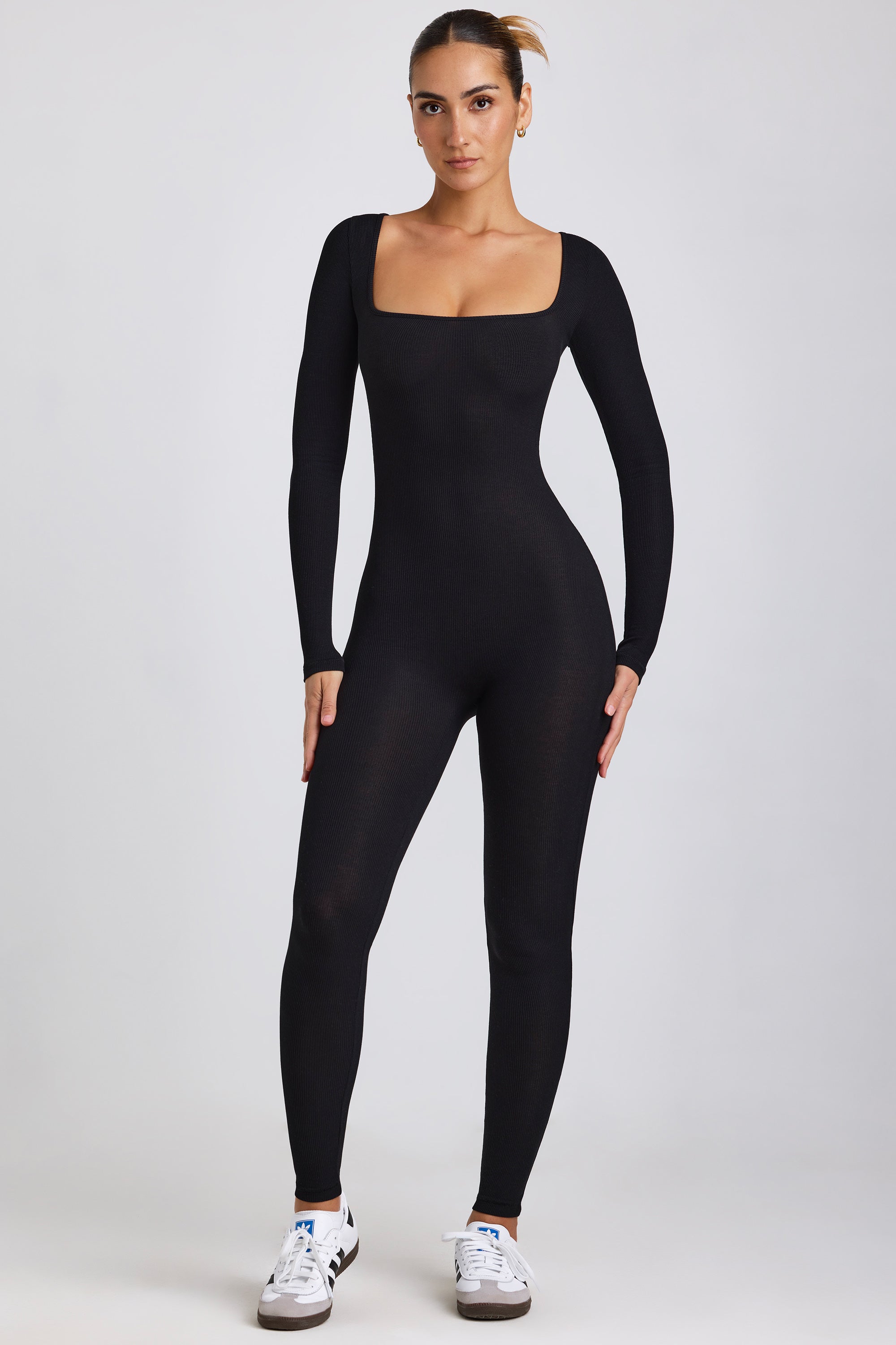 Ribbed Modal Long Sleeve Jumpsuit in Black