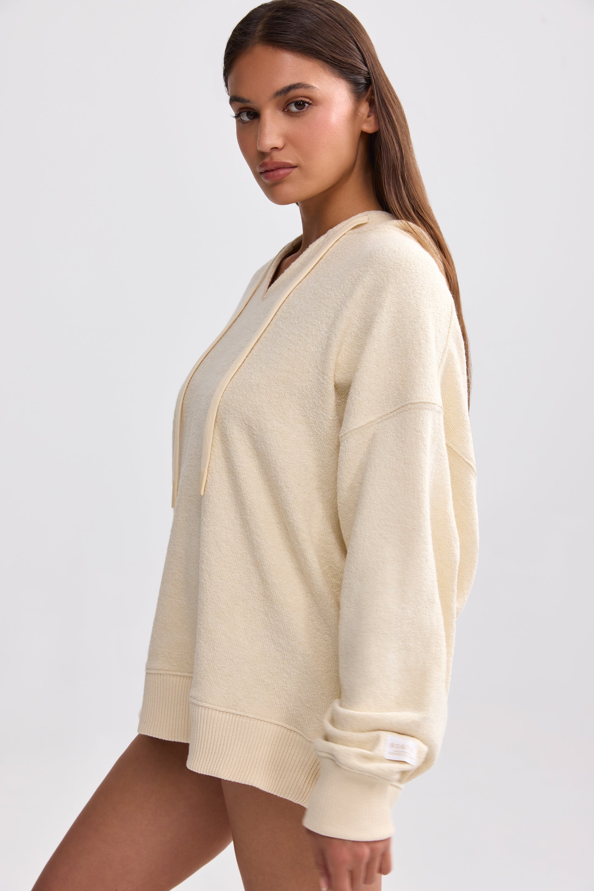 Terry Towelling V-Neck Hoodie in Cream