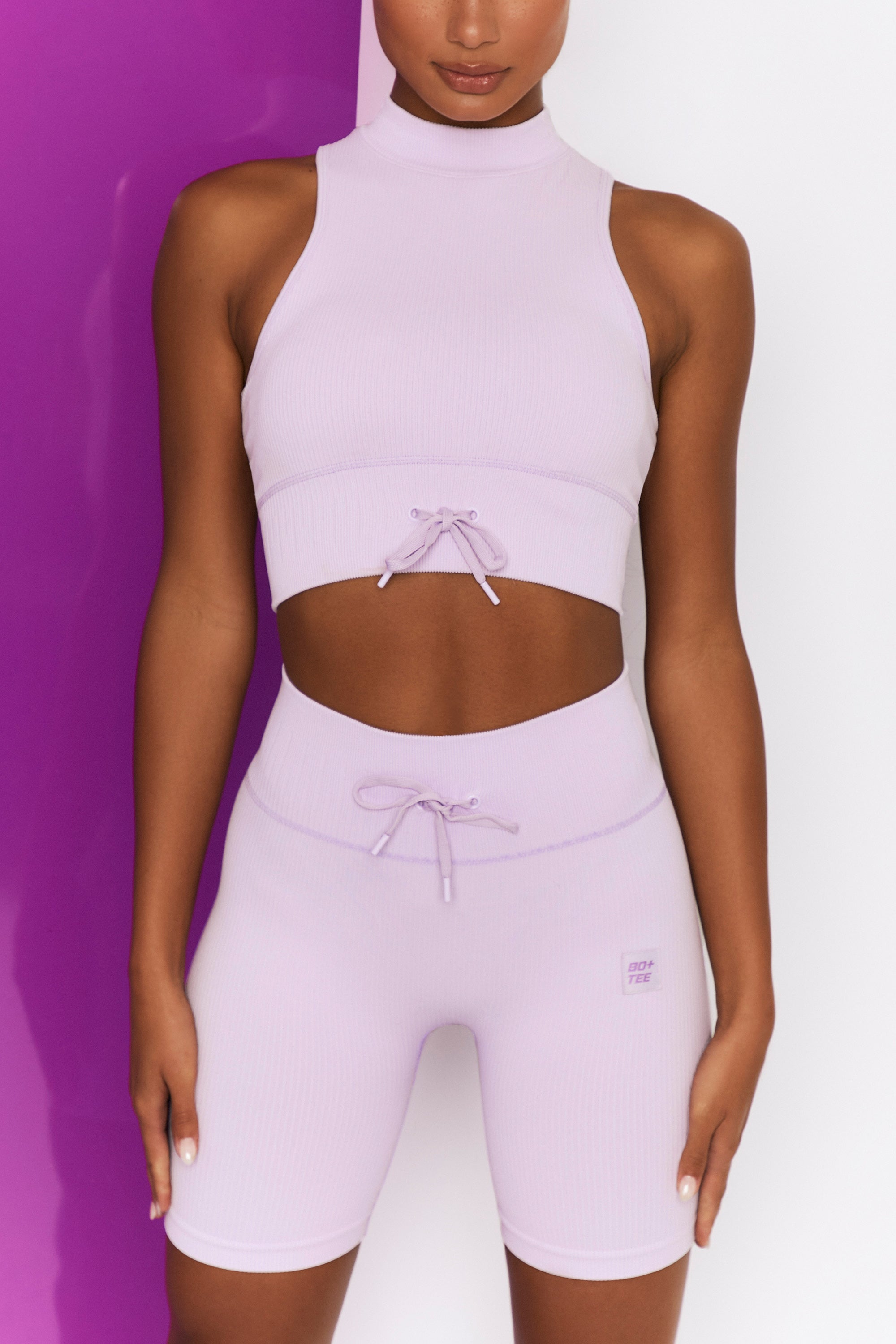 Ribbed Tie Front Cycling Shorts in Lilac