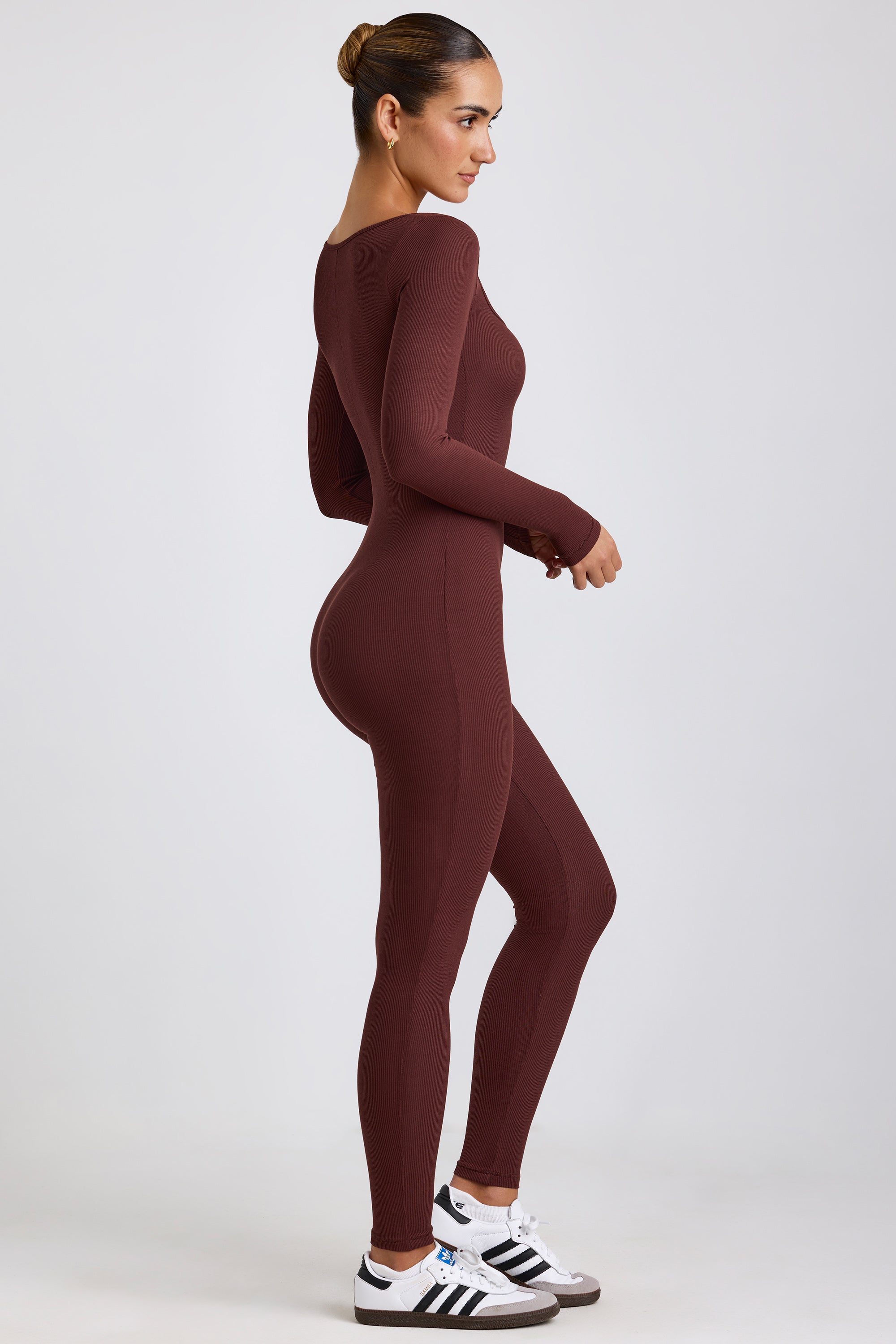 Tall Ribbed Modal Long Sleeve Jumpsuit in Espresso