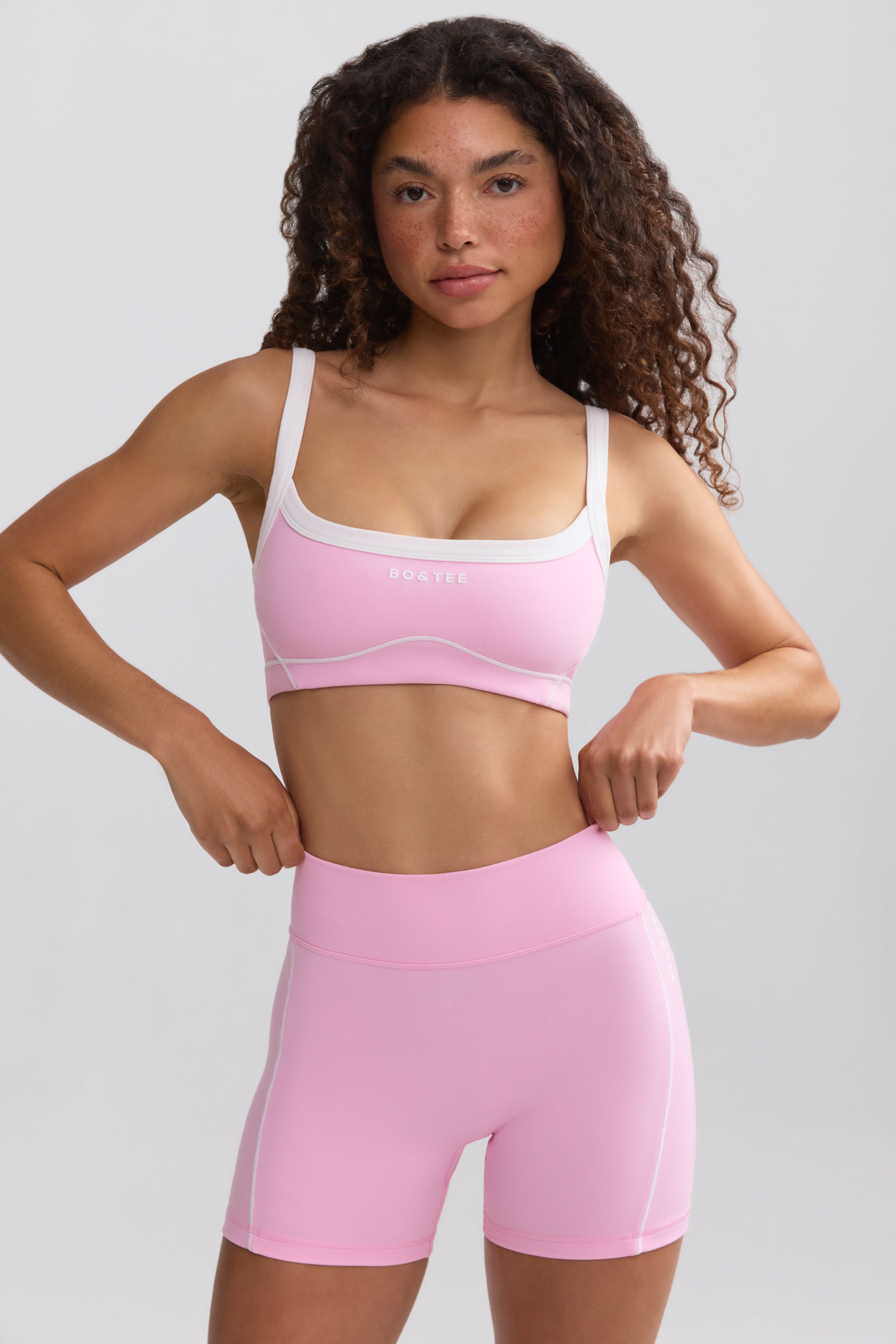 Soft Active Contrast-Trim Mini Shorts in Baby Pink