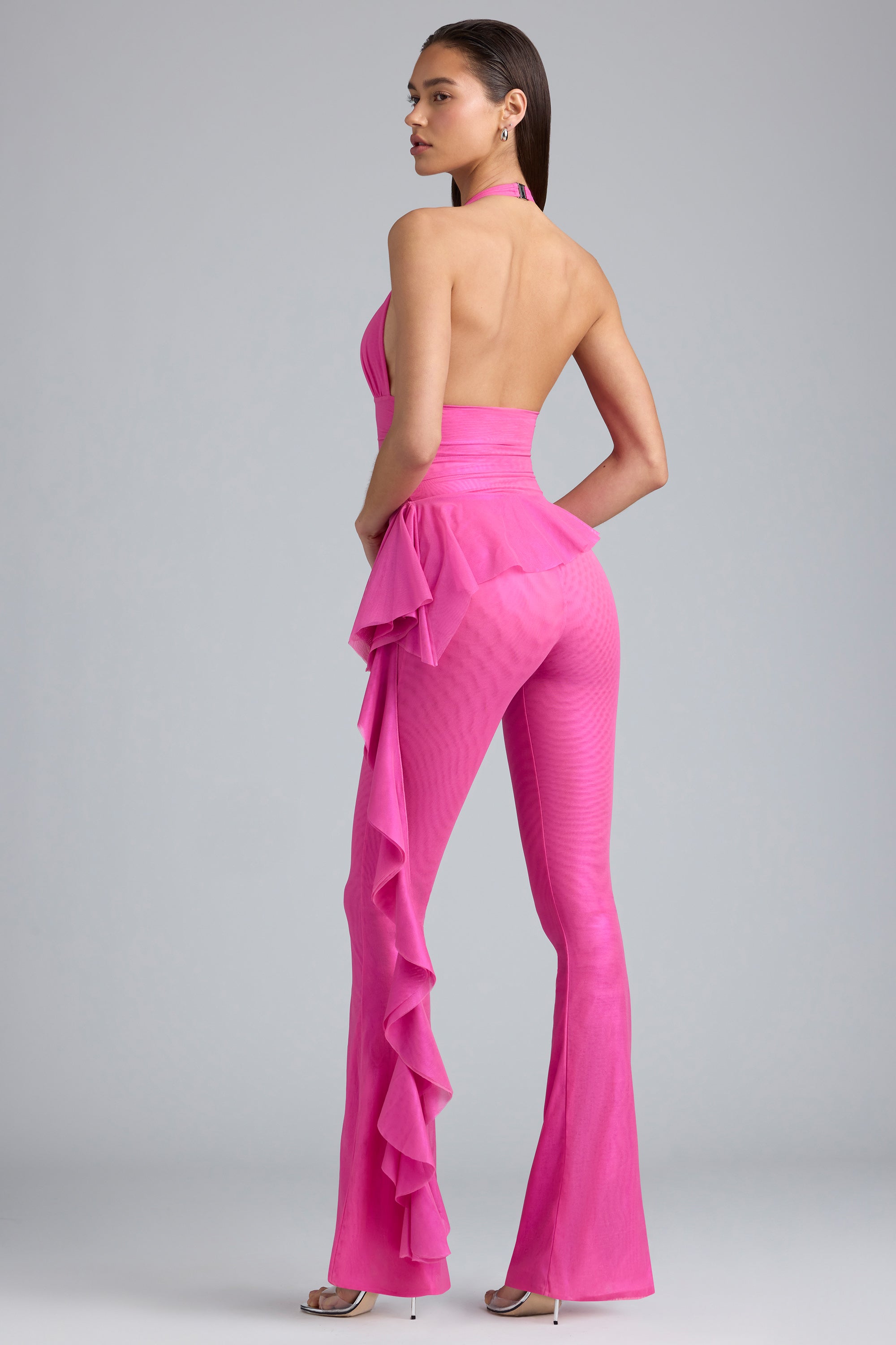 Tall Metallic Ruffle Low-Rise Flared Trousers in Bubblegum Pink