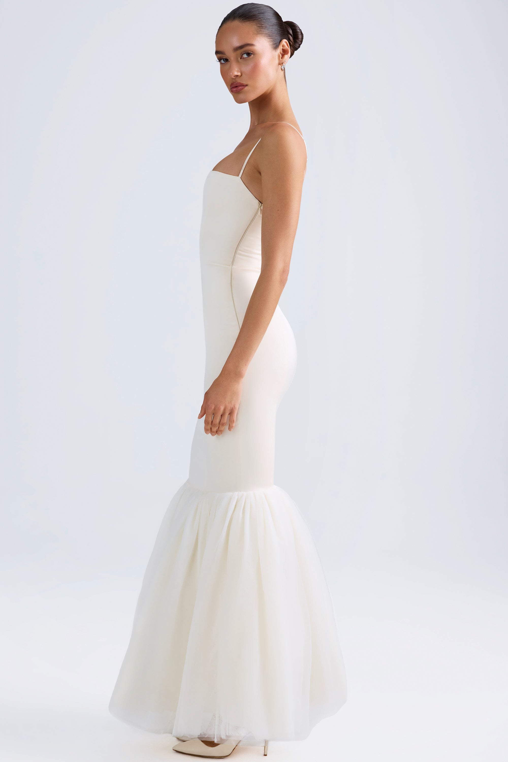 Tulle Hem Fishtail Gown in Ivory