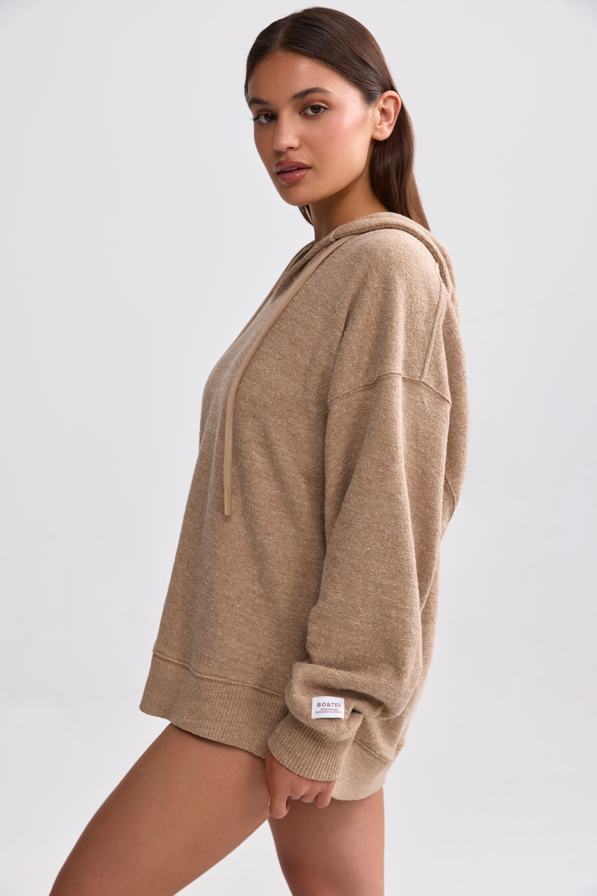 Terry Towelling V-Neck Hoodie in Mocha Brown