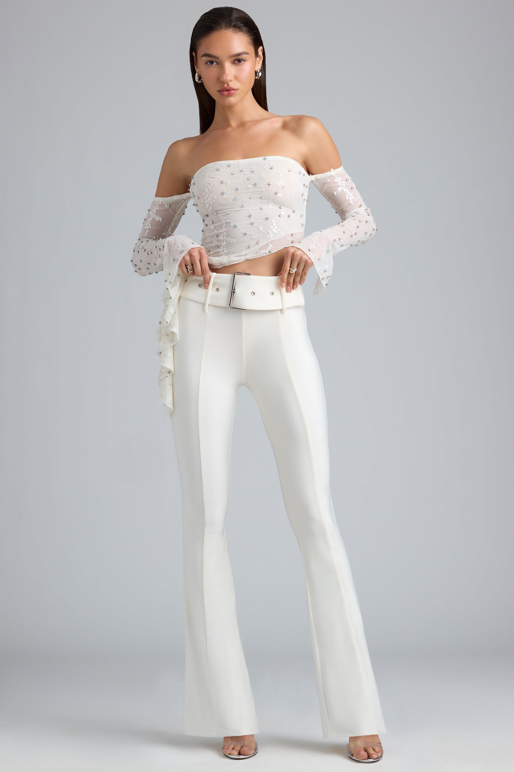 Tall Metallic Belted Mid-Rise Flared Trousers in Ivory