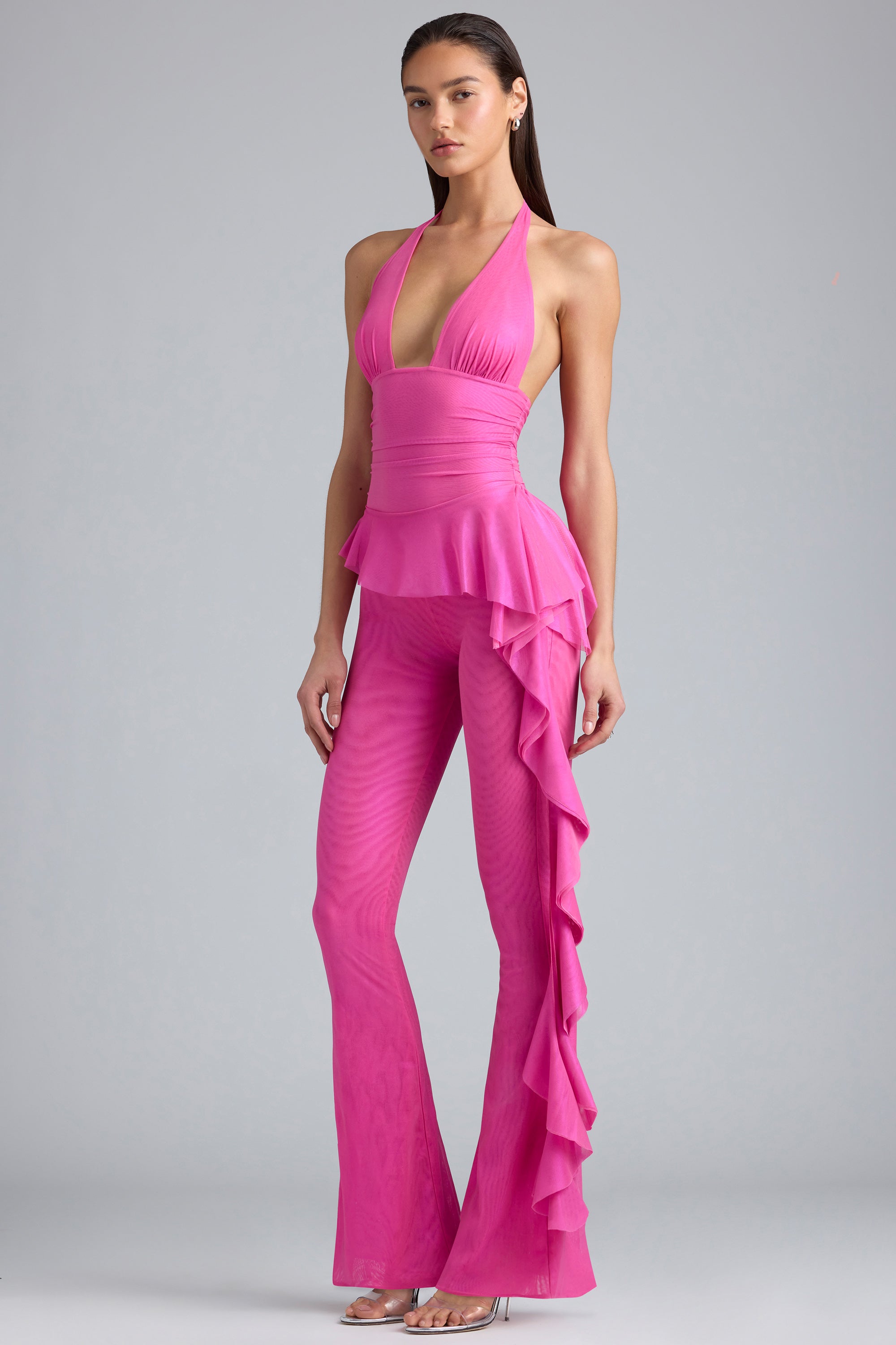 Petite Metallic Ruffle Low-Rise Flared Trousers in Bubblegum Pink