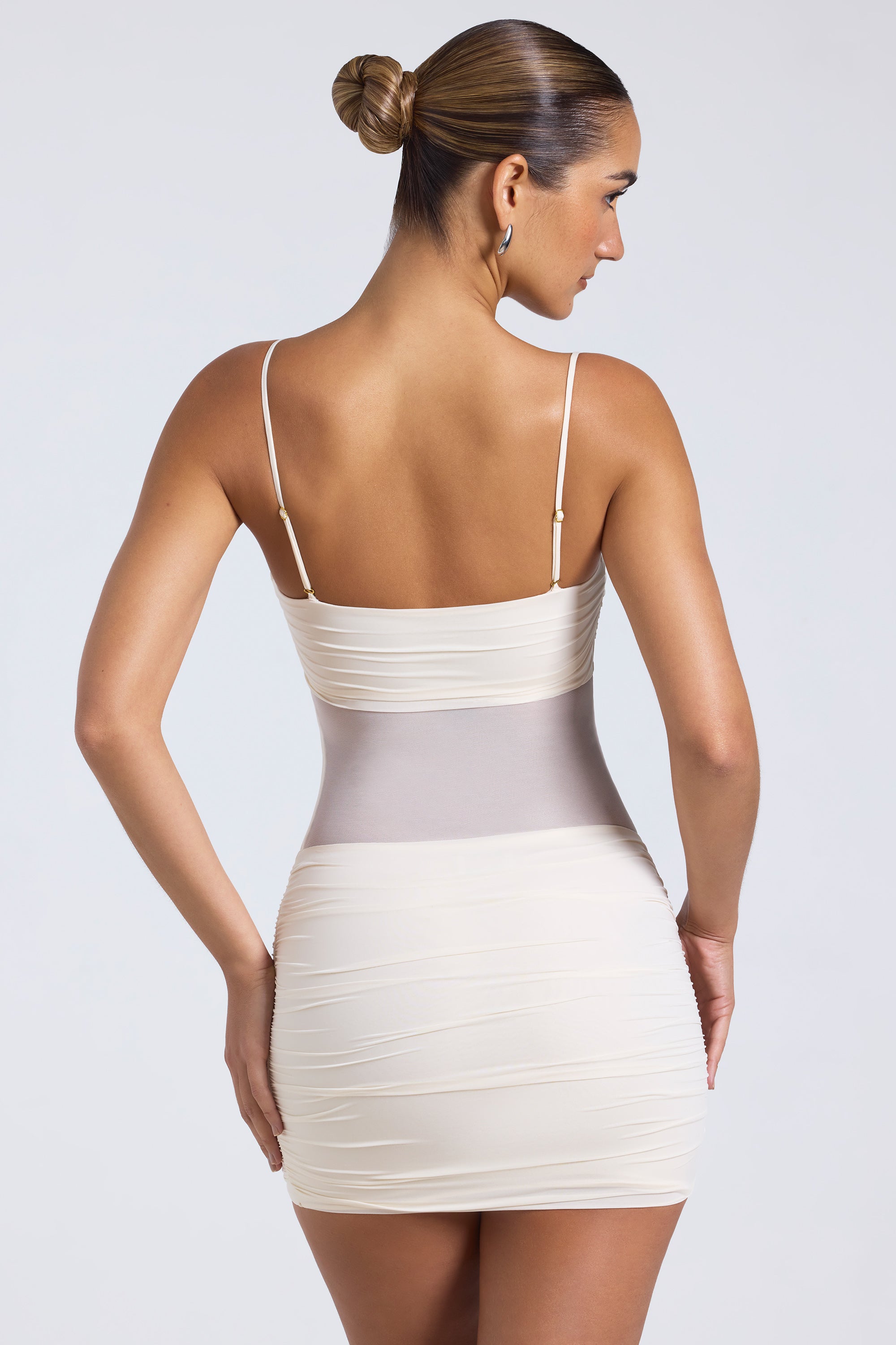 Sheer Panelled Ruched Mini Dress in Ivory