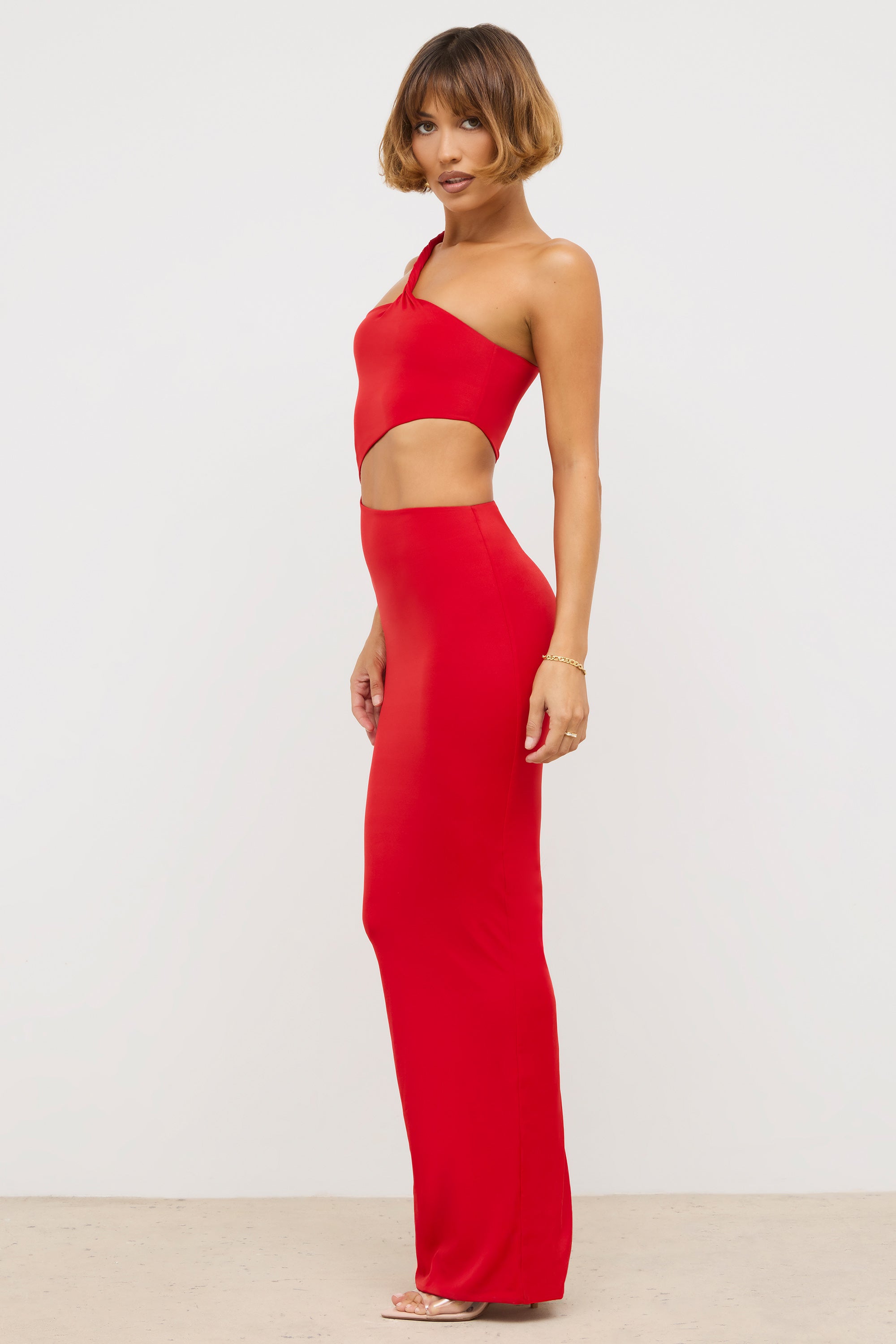 Premium Jersey Asymmetric Cut Out Maxi Dress  in Scarlet Red