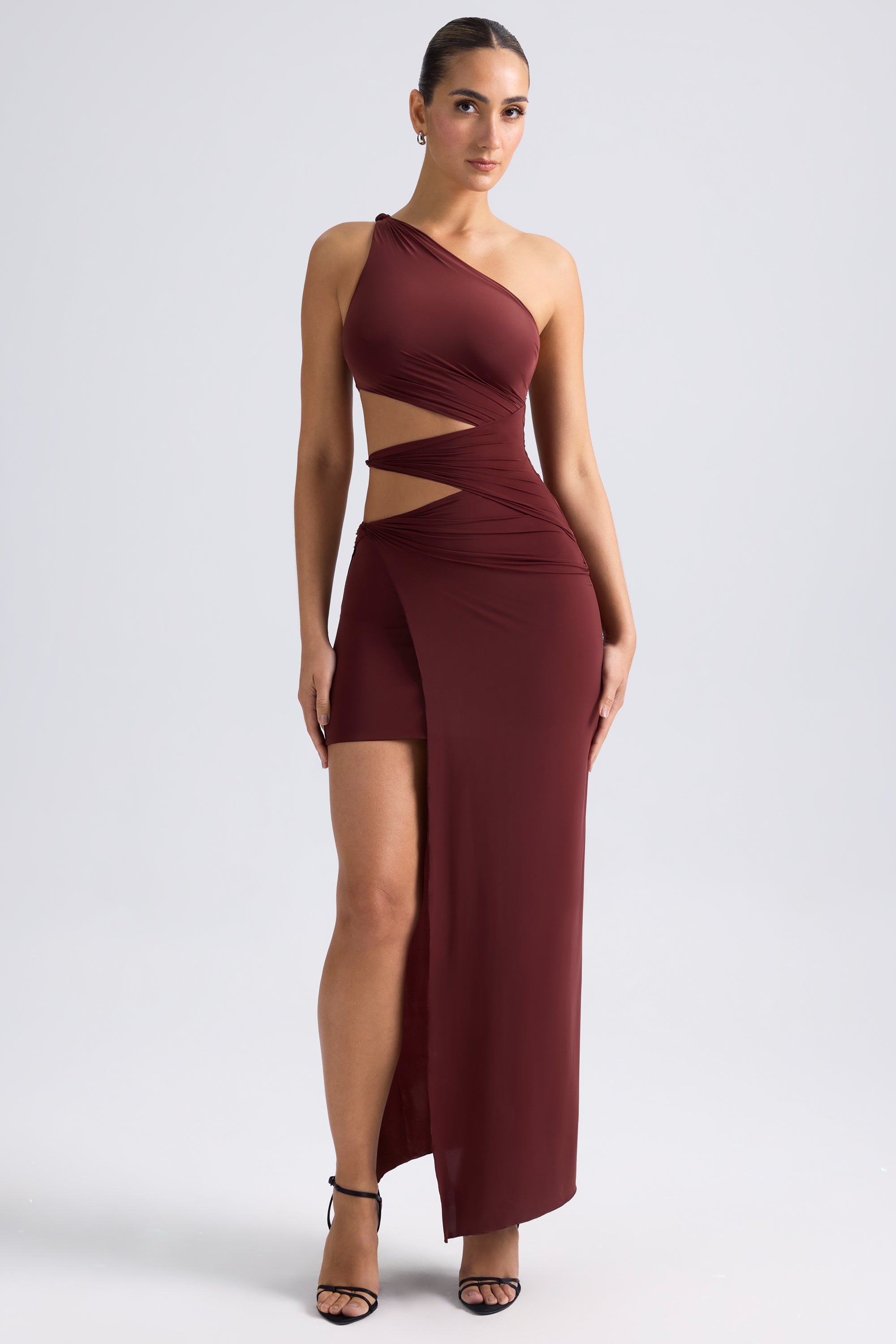 One-Shoulder Draped Cut-Out Maxi Dress in Chestnut Brown