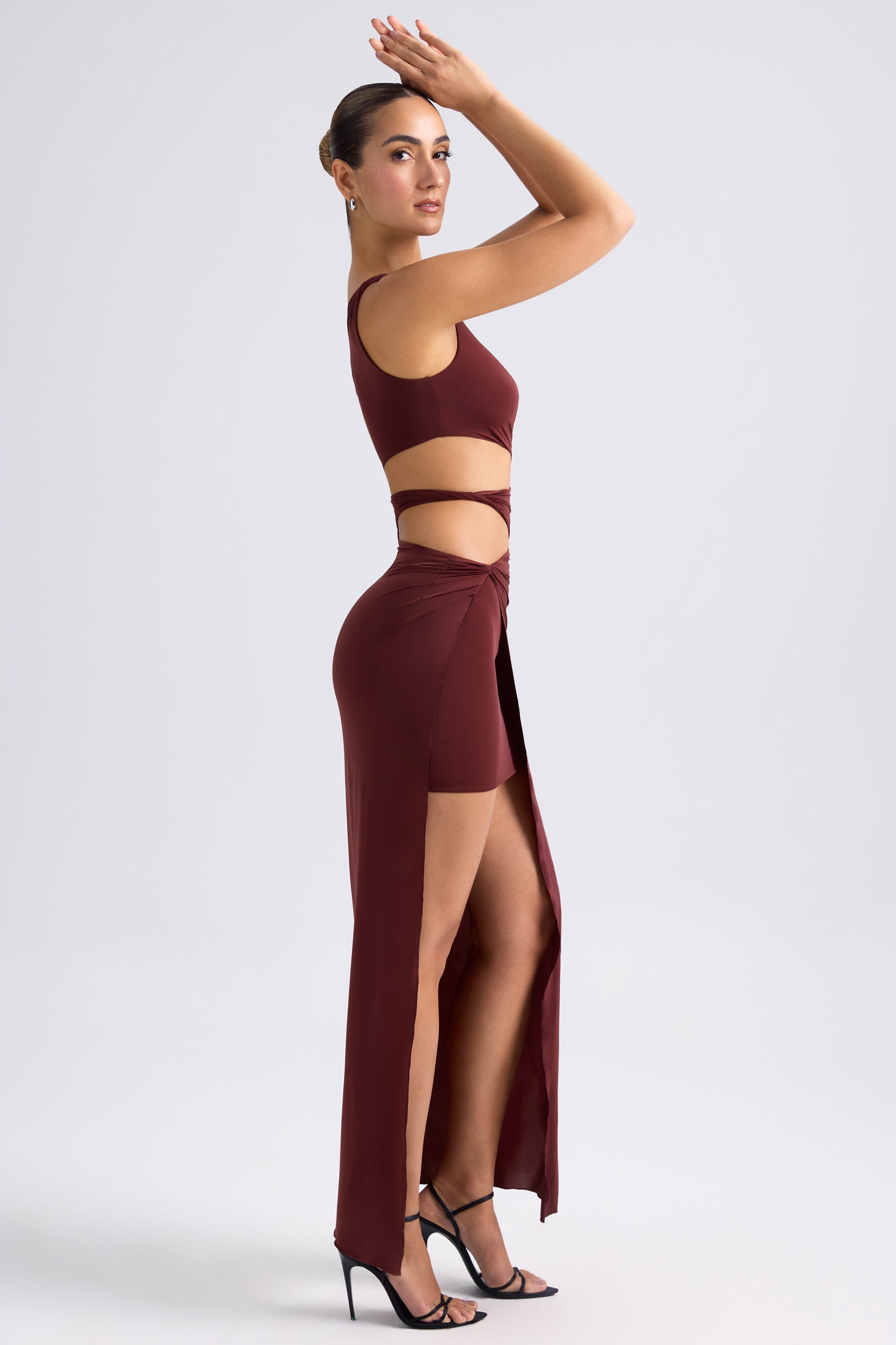 One-Shoulder Draped Cut-Out Maxi Dress in Chestnut Brown