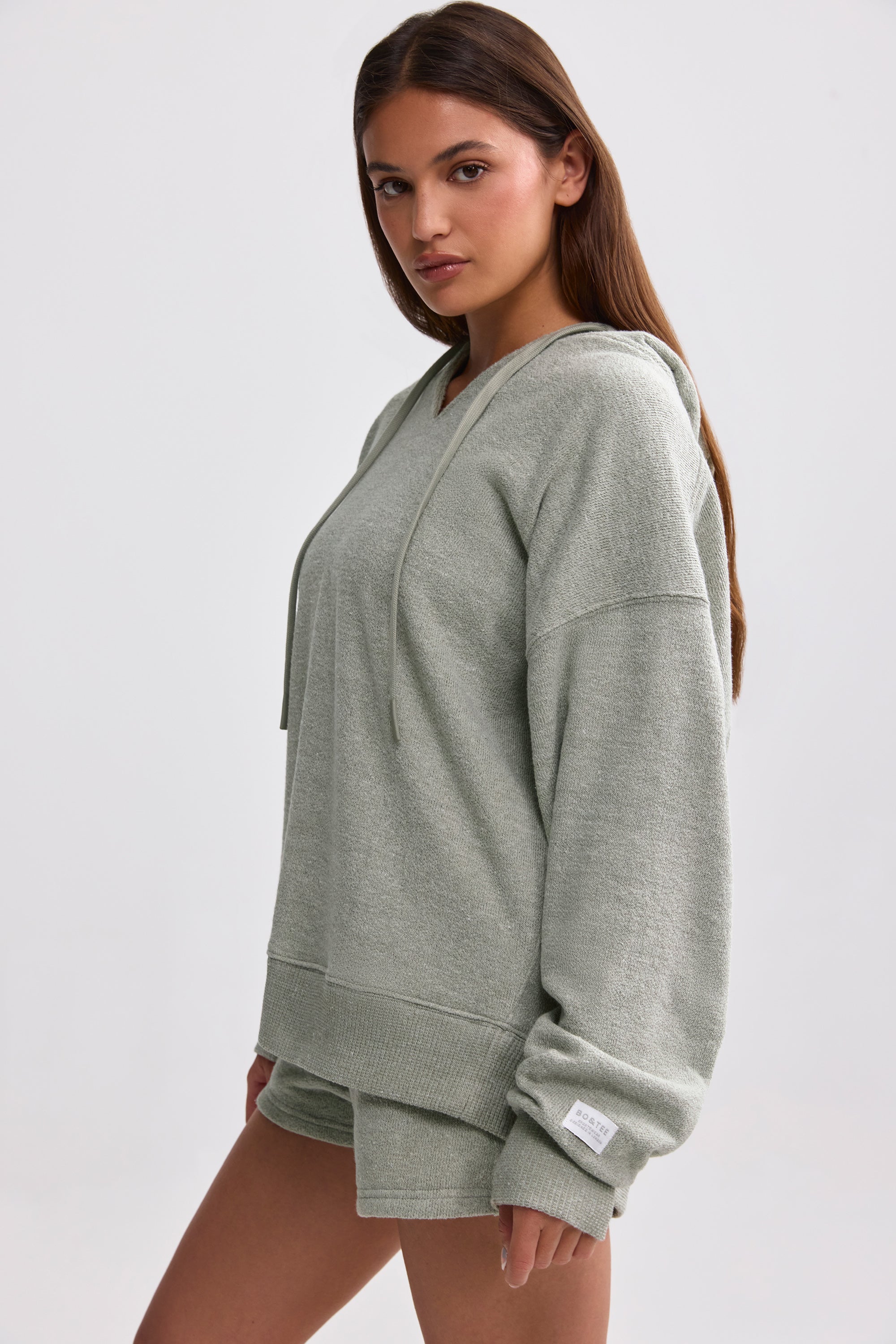 Terry Towelling V-Neck Hoodie in Sage Grey