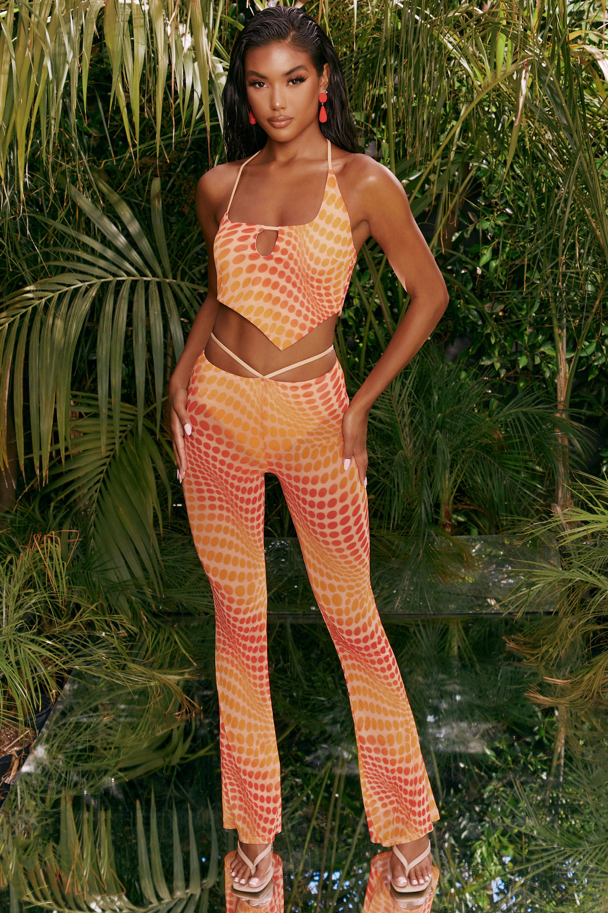 Tall Printed Mesh Flared Trousers in Orange