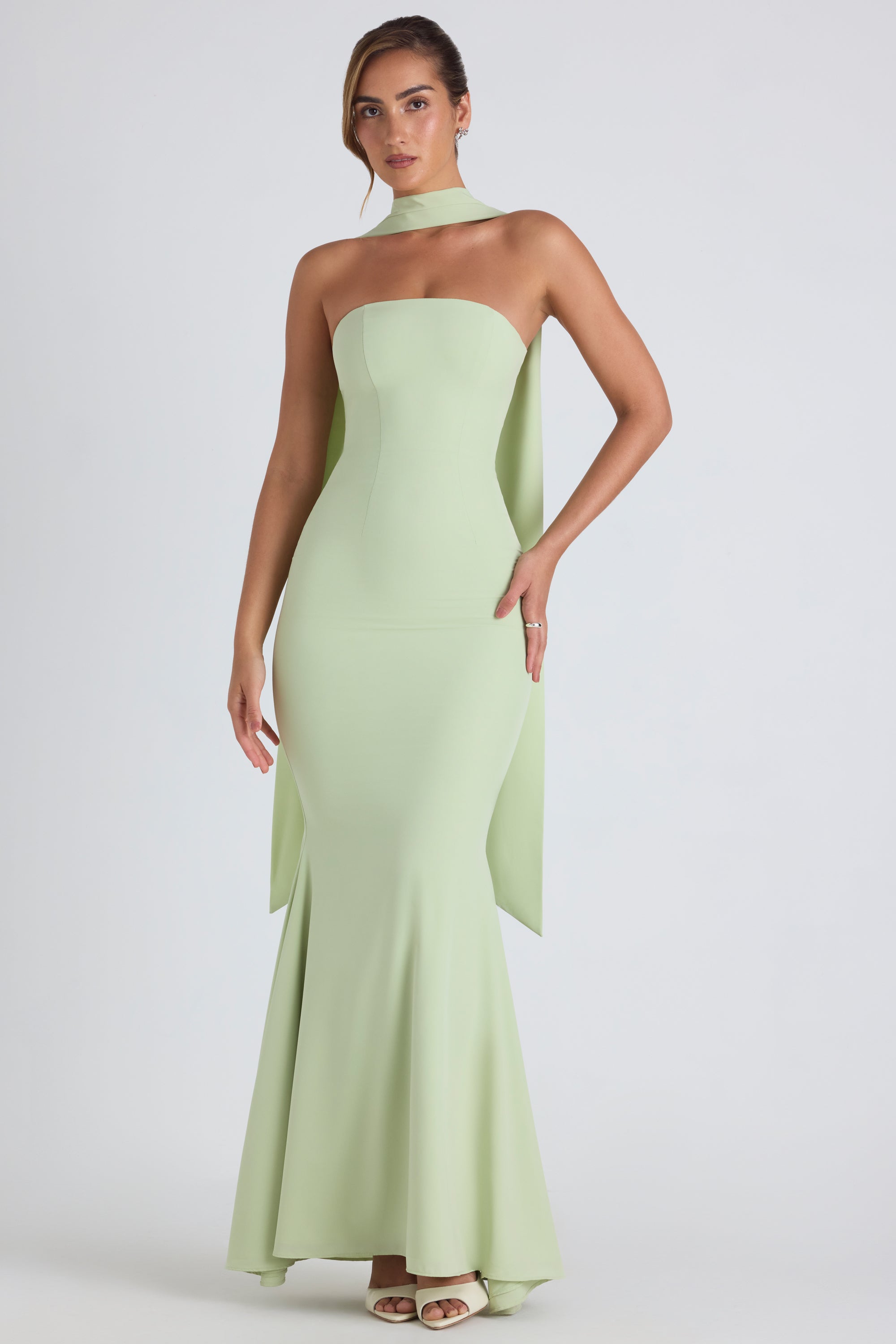 Scarf-Detail Strapless Gown in Spring Green