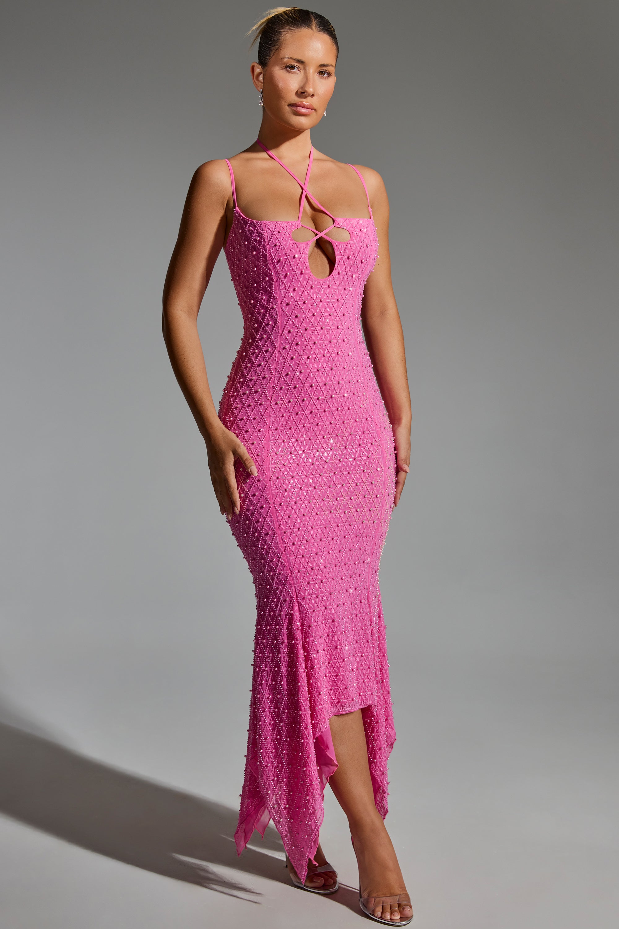 Embellished Cut-Out Asymmetric Midaxi Dress in Hot Pink