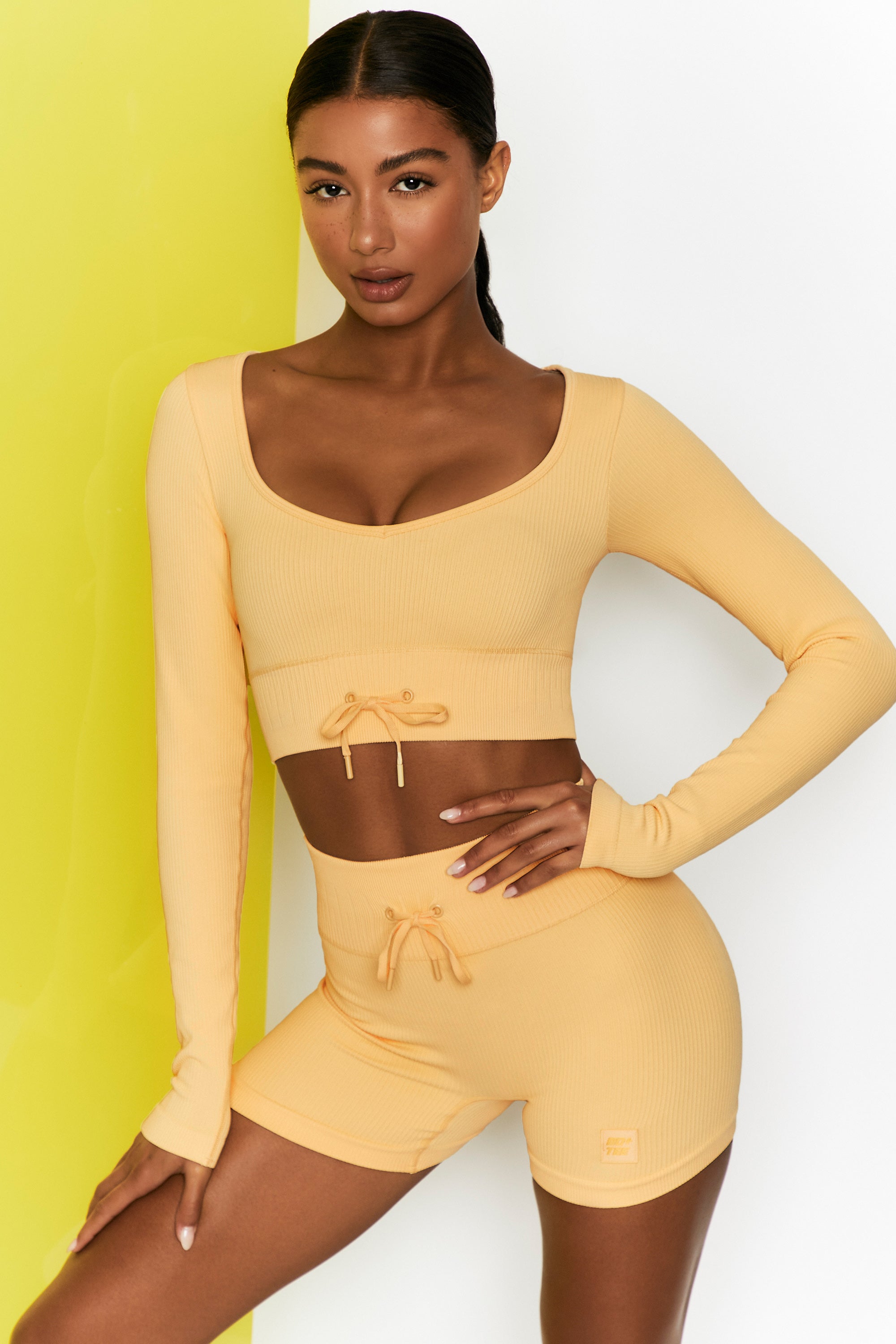 Time Check Ribbed Long Sleeve Crop Top in Yellow