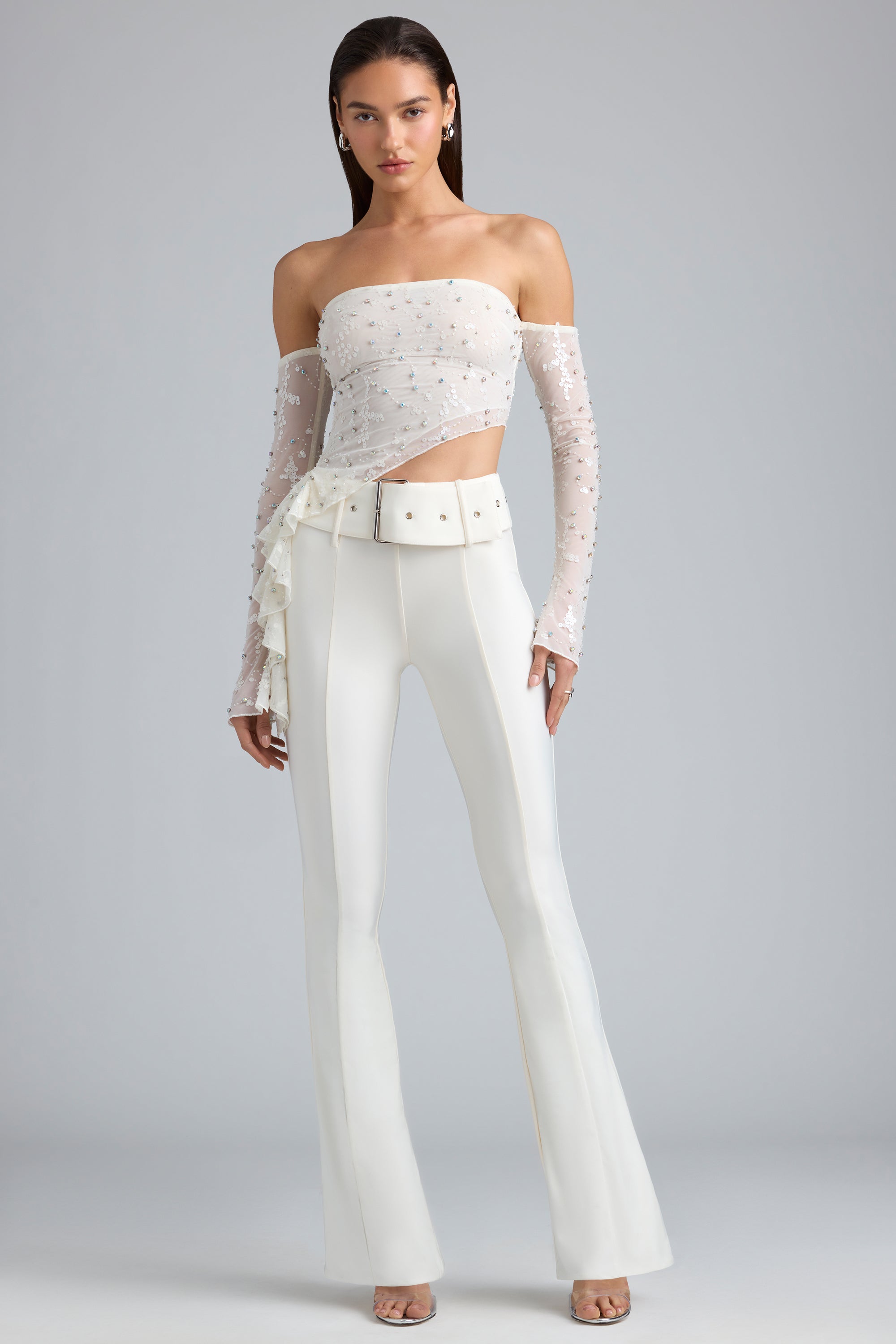 Metallic Belted Mid-Rise Flared Trousers in Ivory