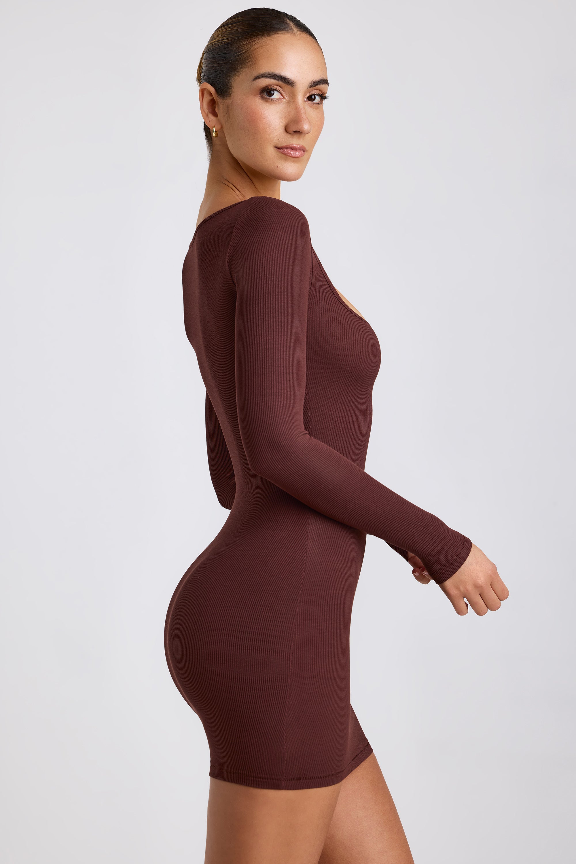 Ribbed Modal Long Sleeve Mini Dress in Chocolate