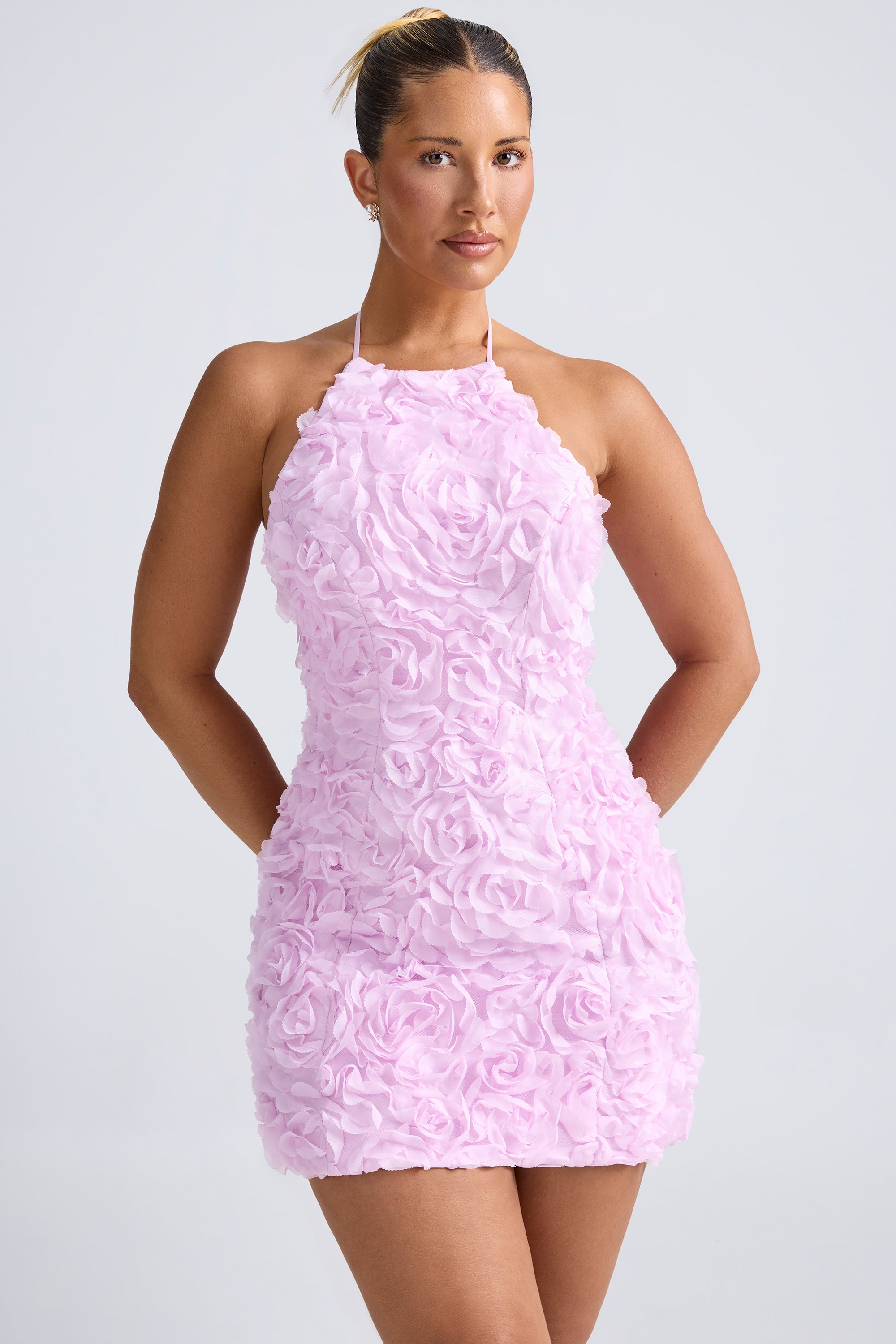 Floral-Appliqué Halterneck A-Line Mini Dress in Lilac