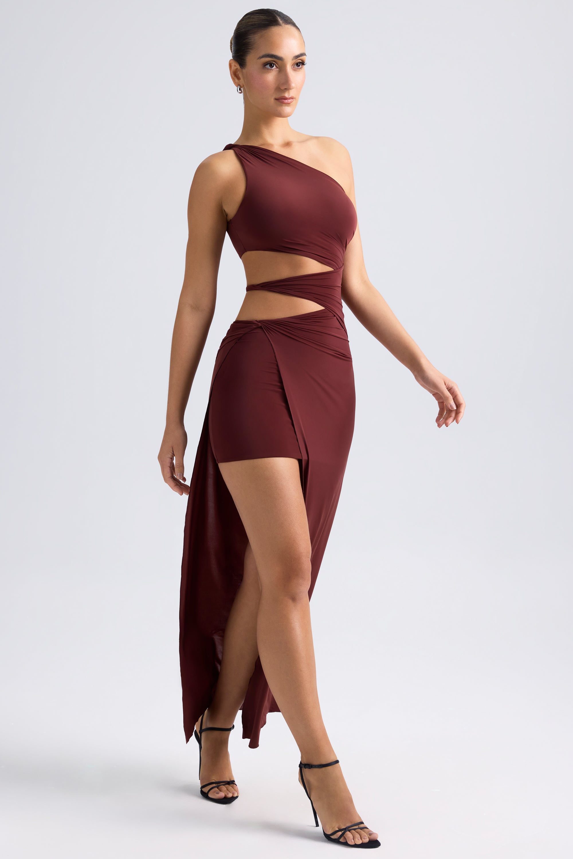 One-Shoulder Draped Cut-Out Maxi Dress in Chestnut Brown