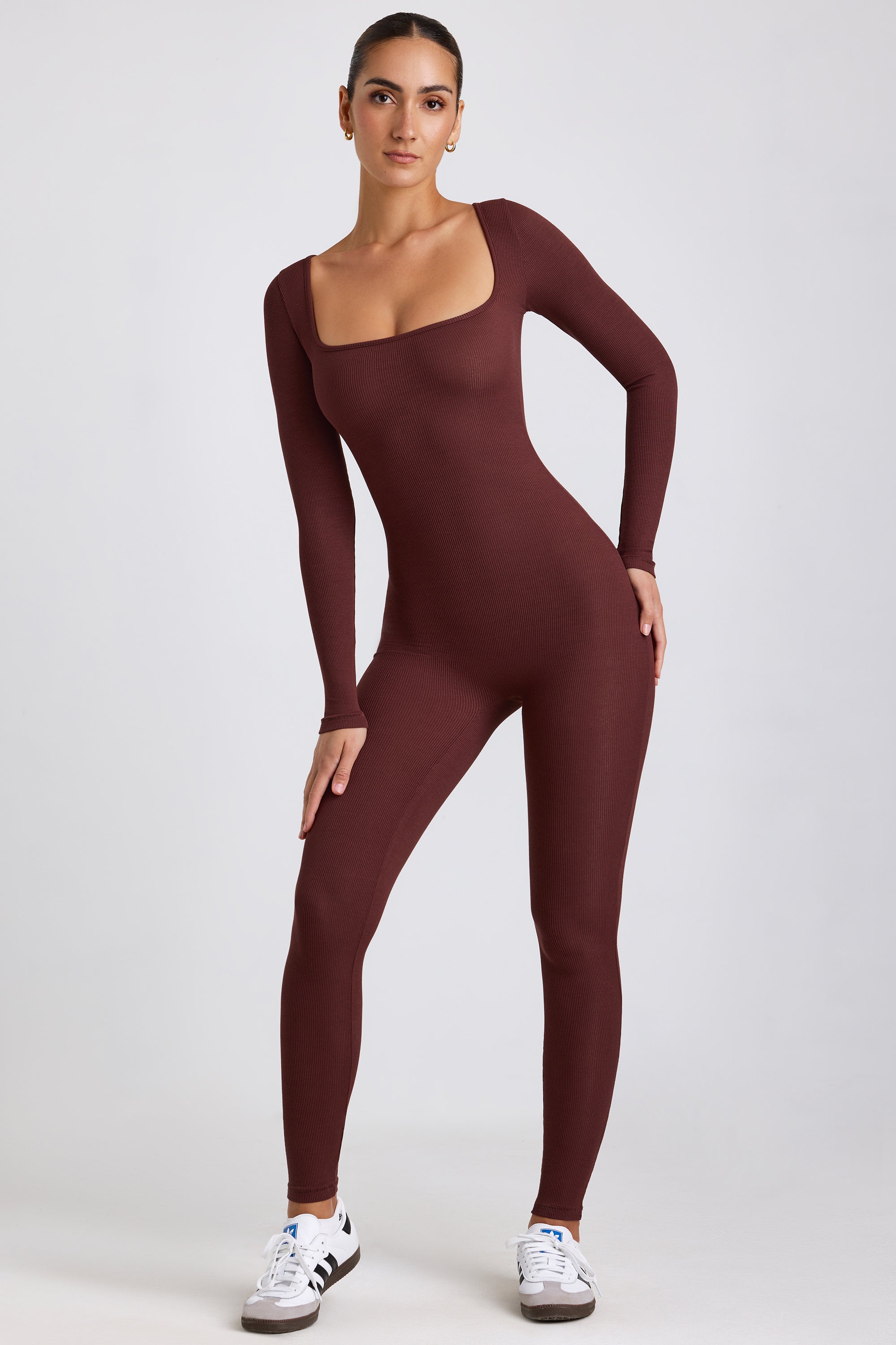 Tall Ribbed Modal Long Sleeve Jumpsuit in Espresso